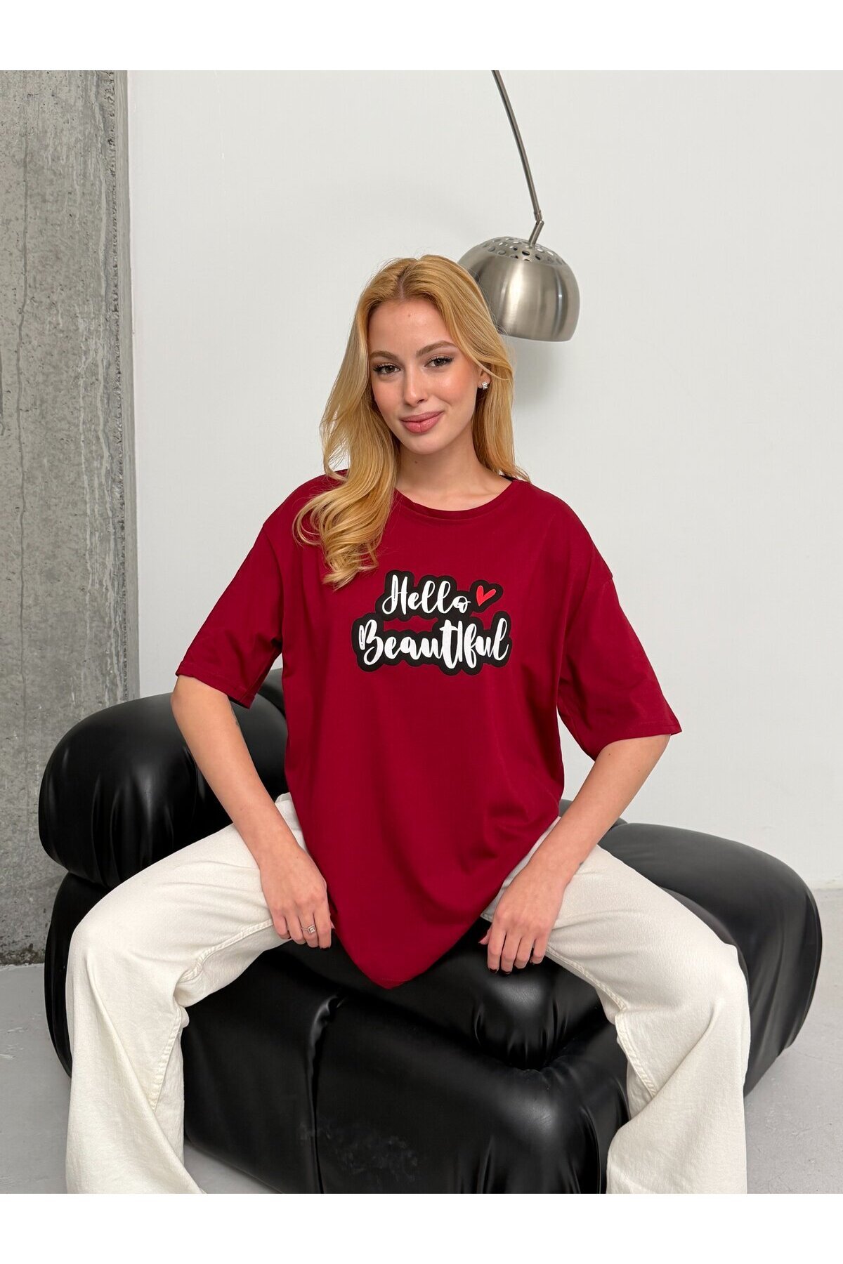 Kadın Bordo Baskılı Oversize T-Shirt