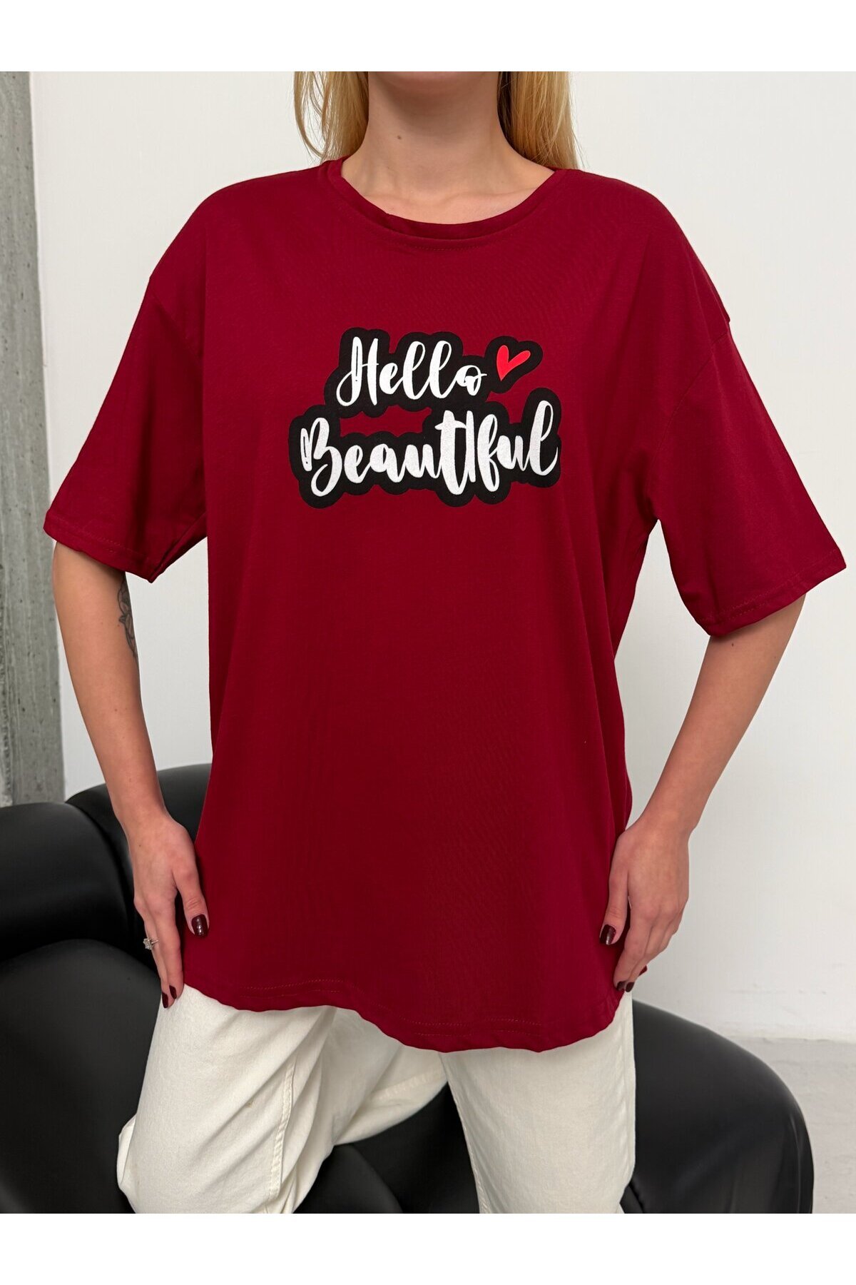 Kadın Bordo Baskılı Oversize T-Shirt