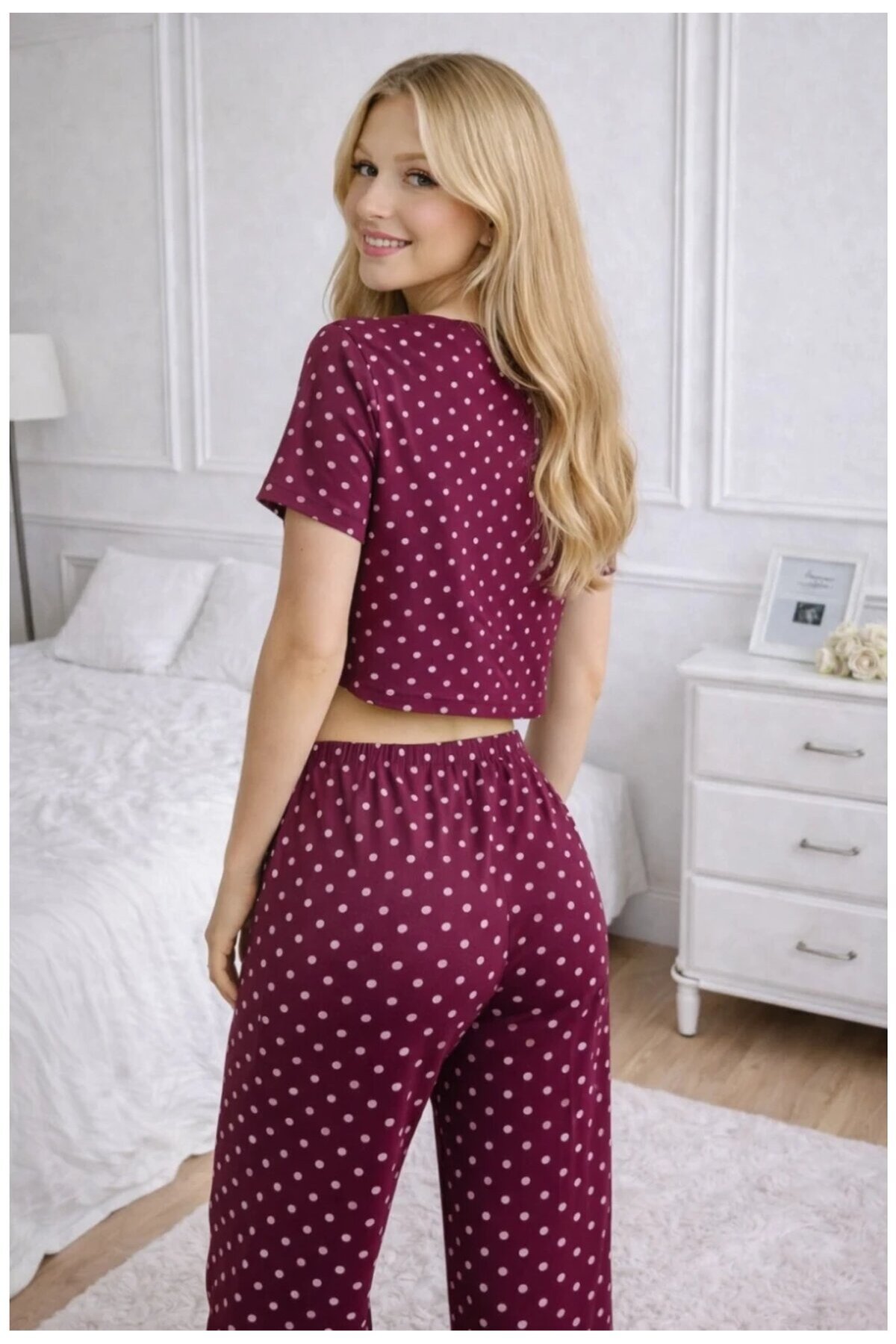 Kadın Bordo Puantiye Desenli Alt Üst Pijama Takımı - Ev Giyimi