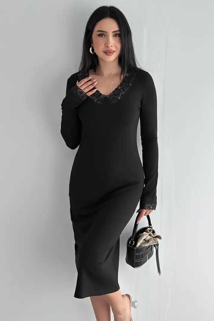 Kadın Dantel Detaylı V Yaka Elbise – Uzun Kollu Şık Günlük Elbise