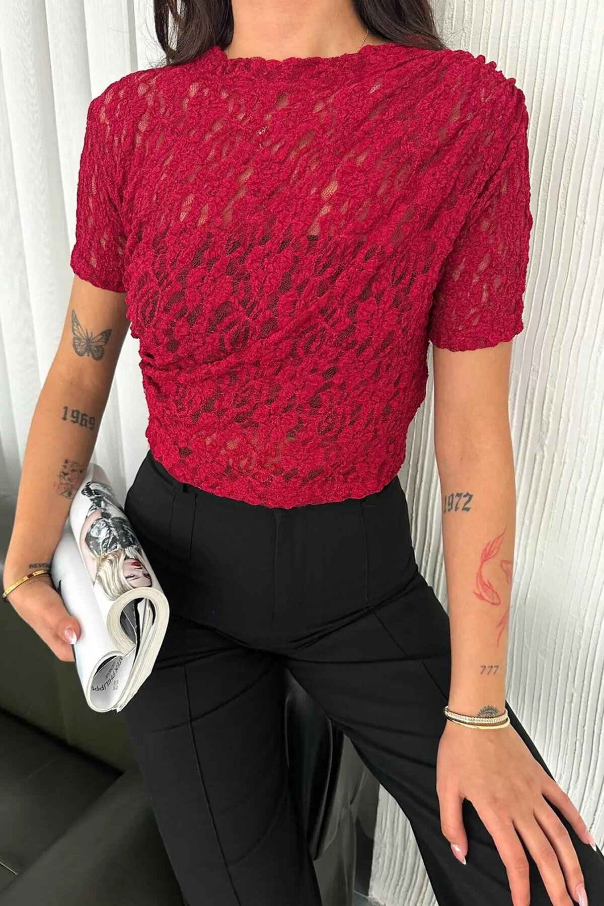 Kadın Dantel Kısa Kollu Bluz Bordo