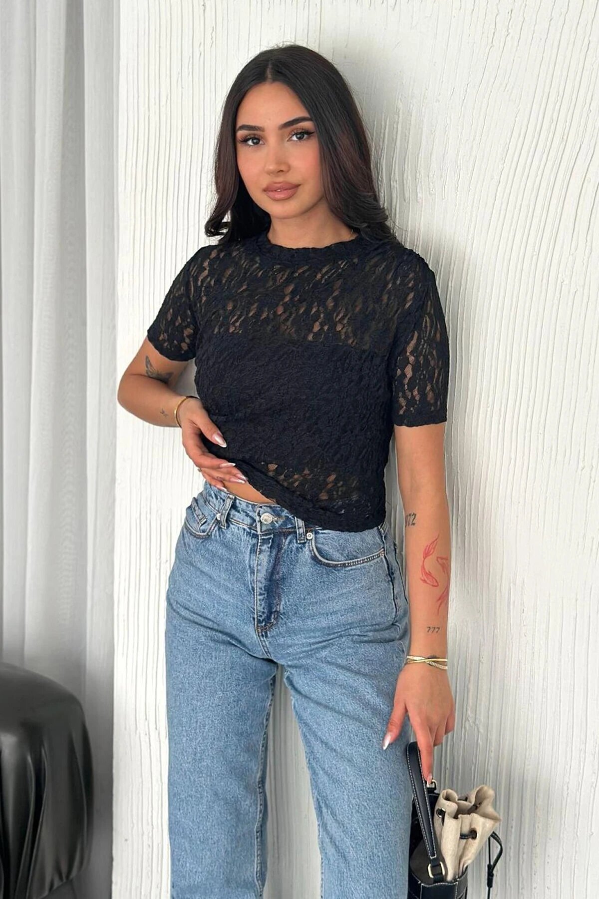 Kadın Dantel Kısa Kollu Bluz Siyah