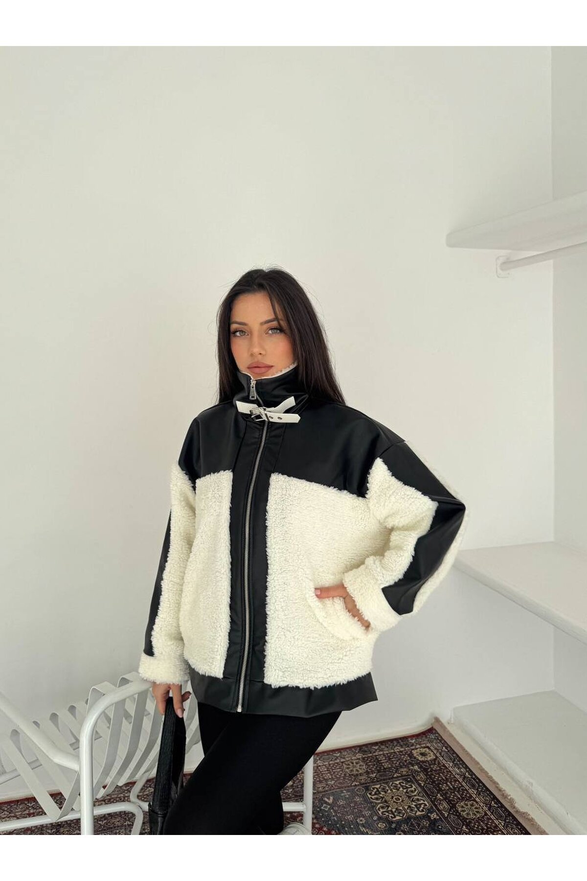 Kadın Deri Garnili Peluş Mont