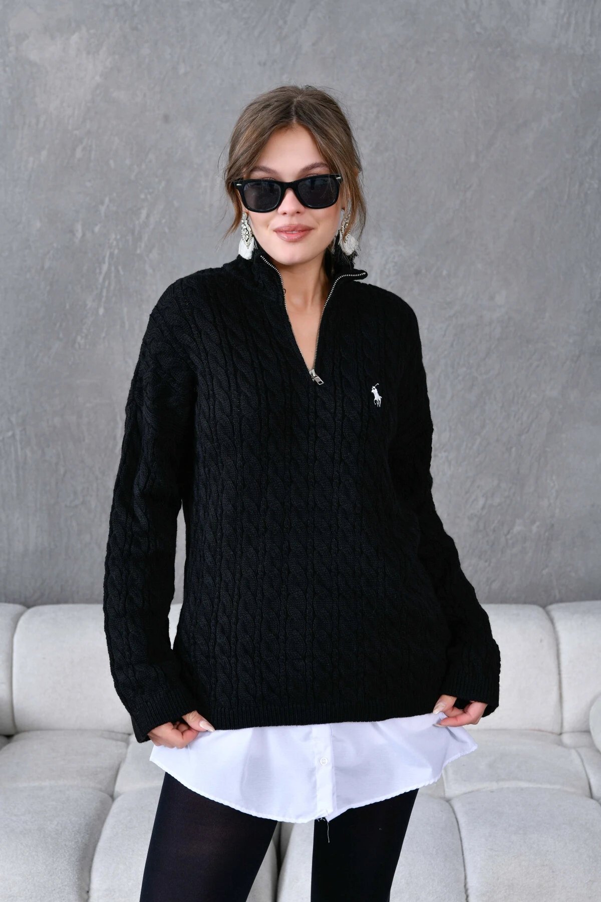 Kadın Dik Yaka Fermuar Detay Saç Örgü Triko Kazak