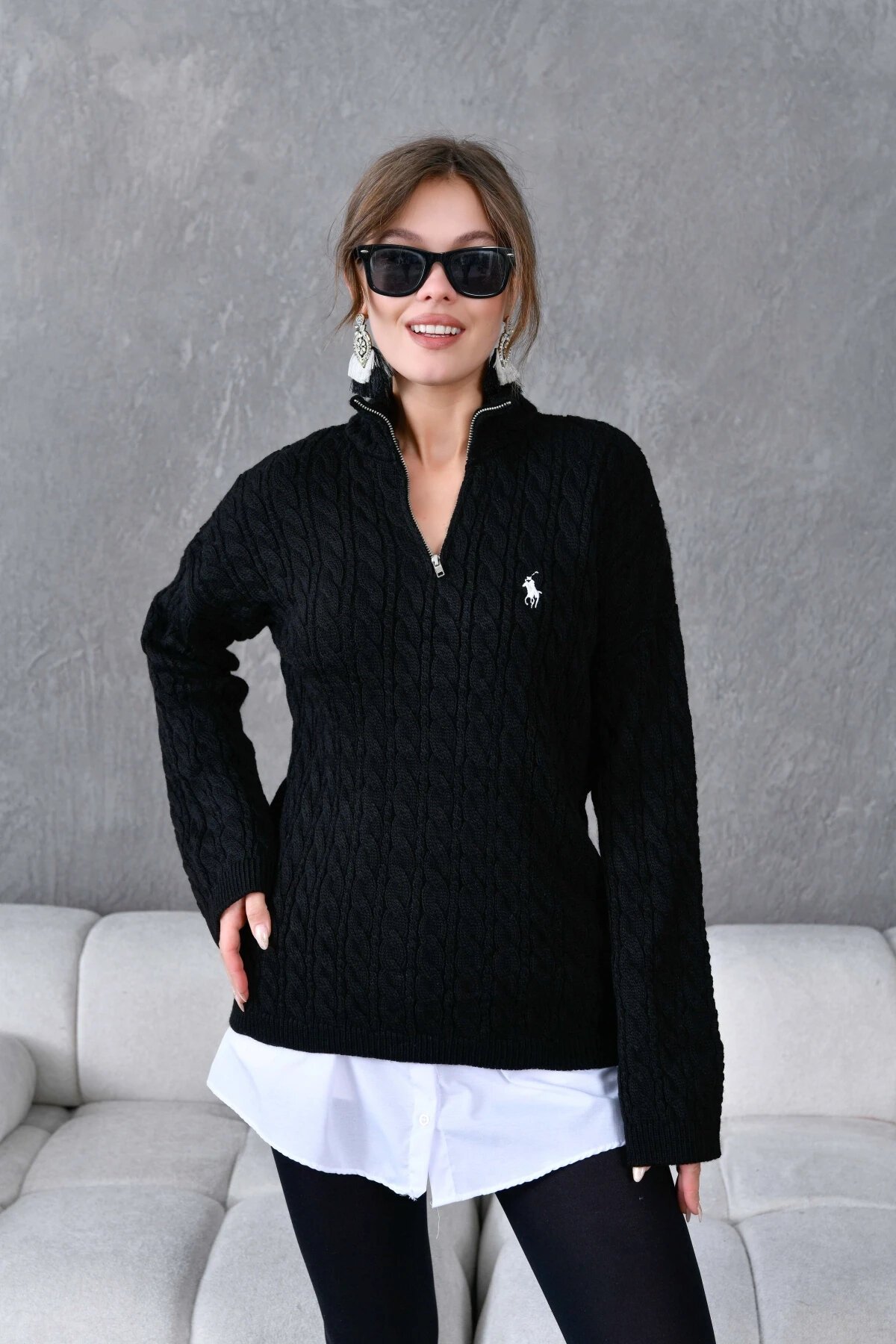 Kadın Dik Yaka Fermuar Detay Saç Örgü Triko Kazak