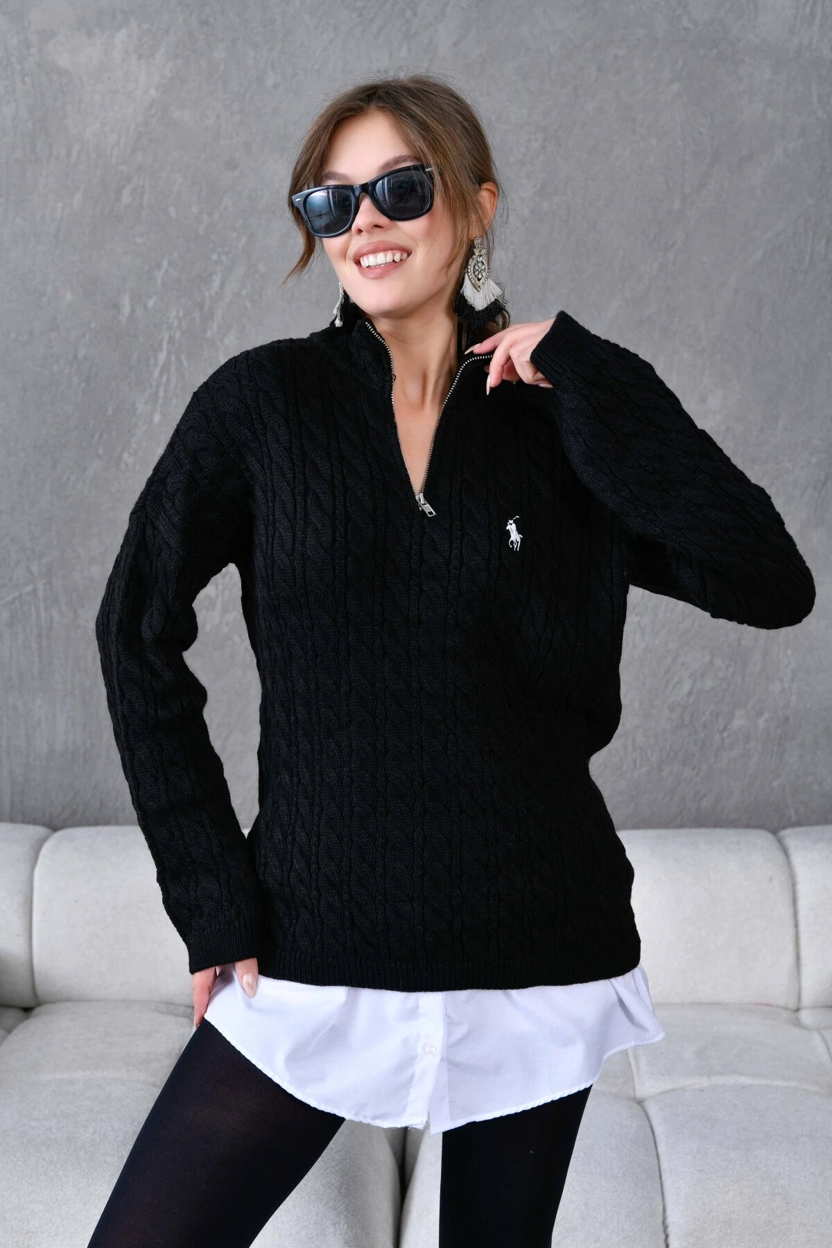 Kadın Dik Yaka Fermuar Detay Saç Örgü Triko Kazak