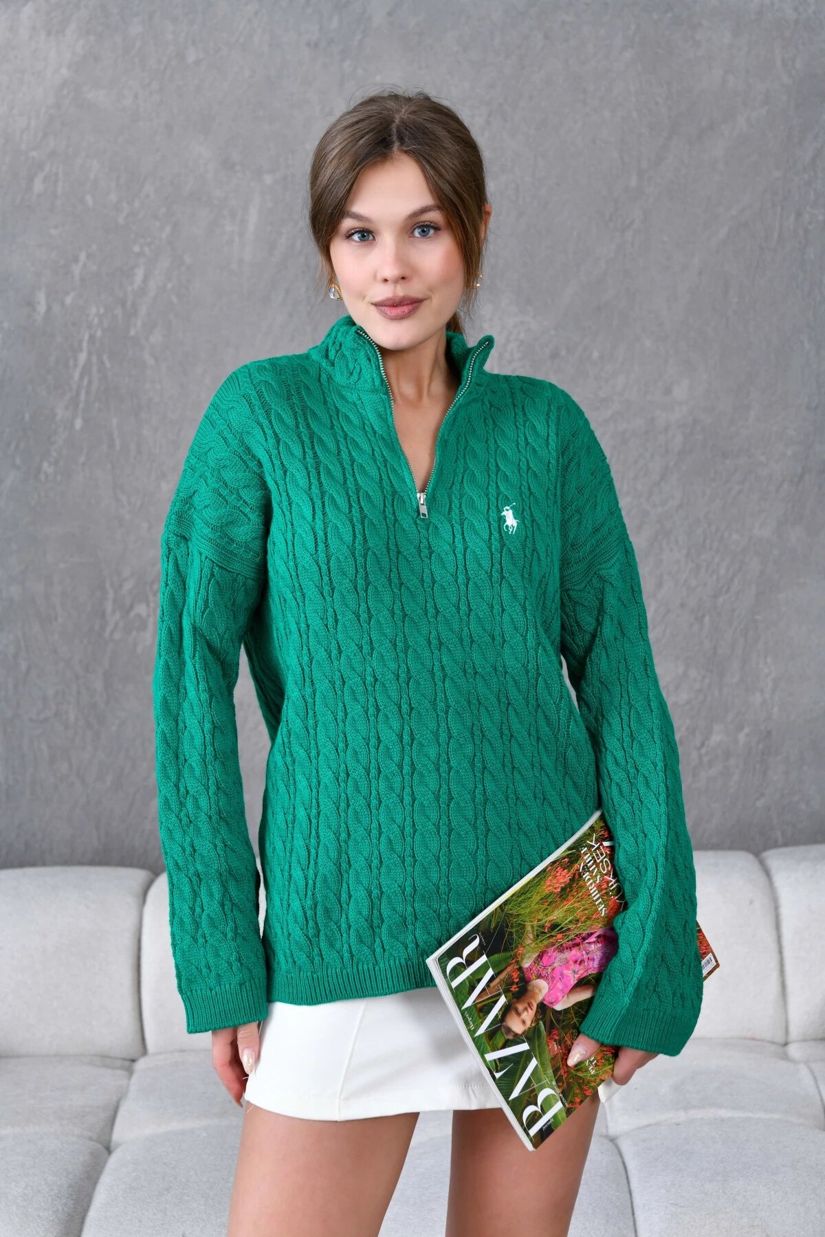 Kadın Dik Yaka Fermuar Detay Saç Örgü Triko Kazak