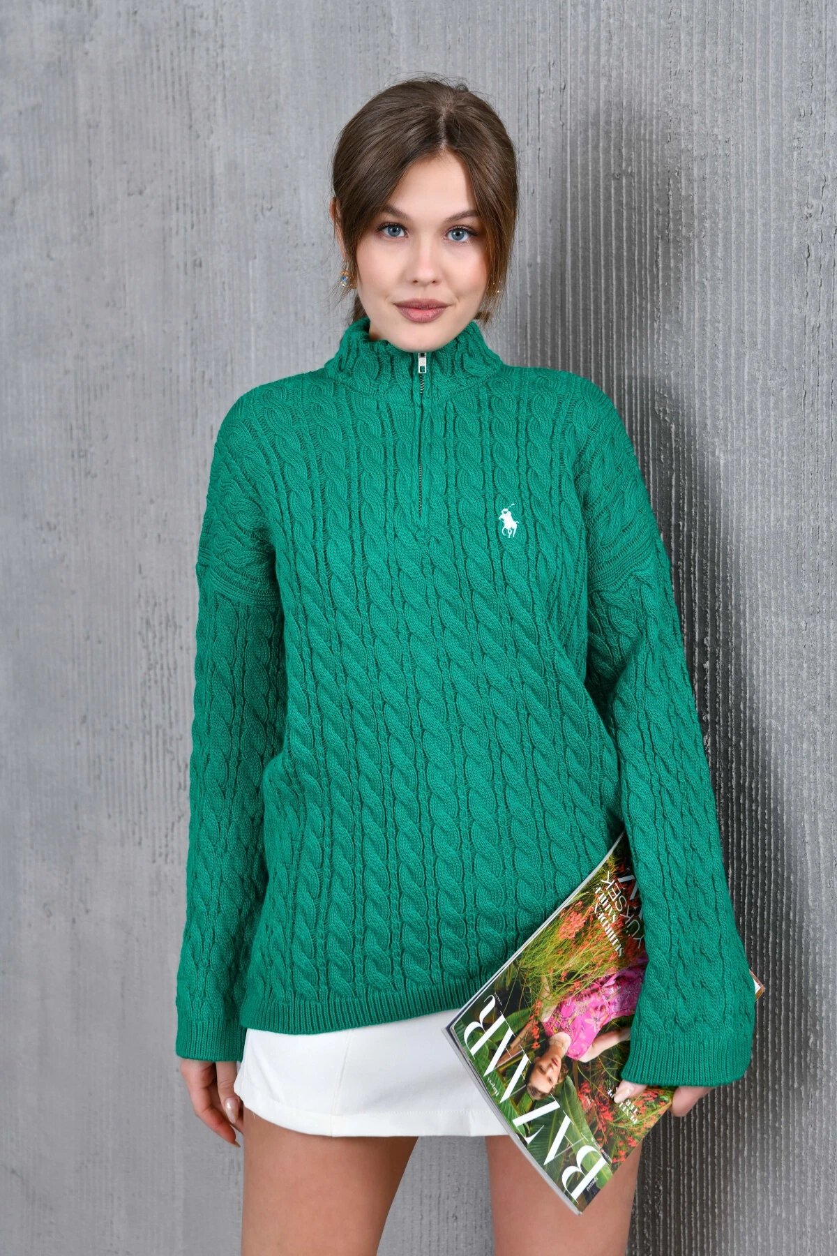 Kadın Dik Yaka Fermuar Detay Saç Örgü Triko Kazak