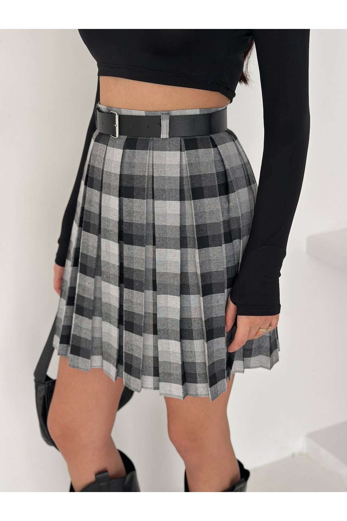 Kadın Ekose Desen Kemerli Yüksel Bel Şort Astarlı Mini Etek