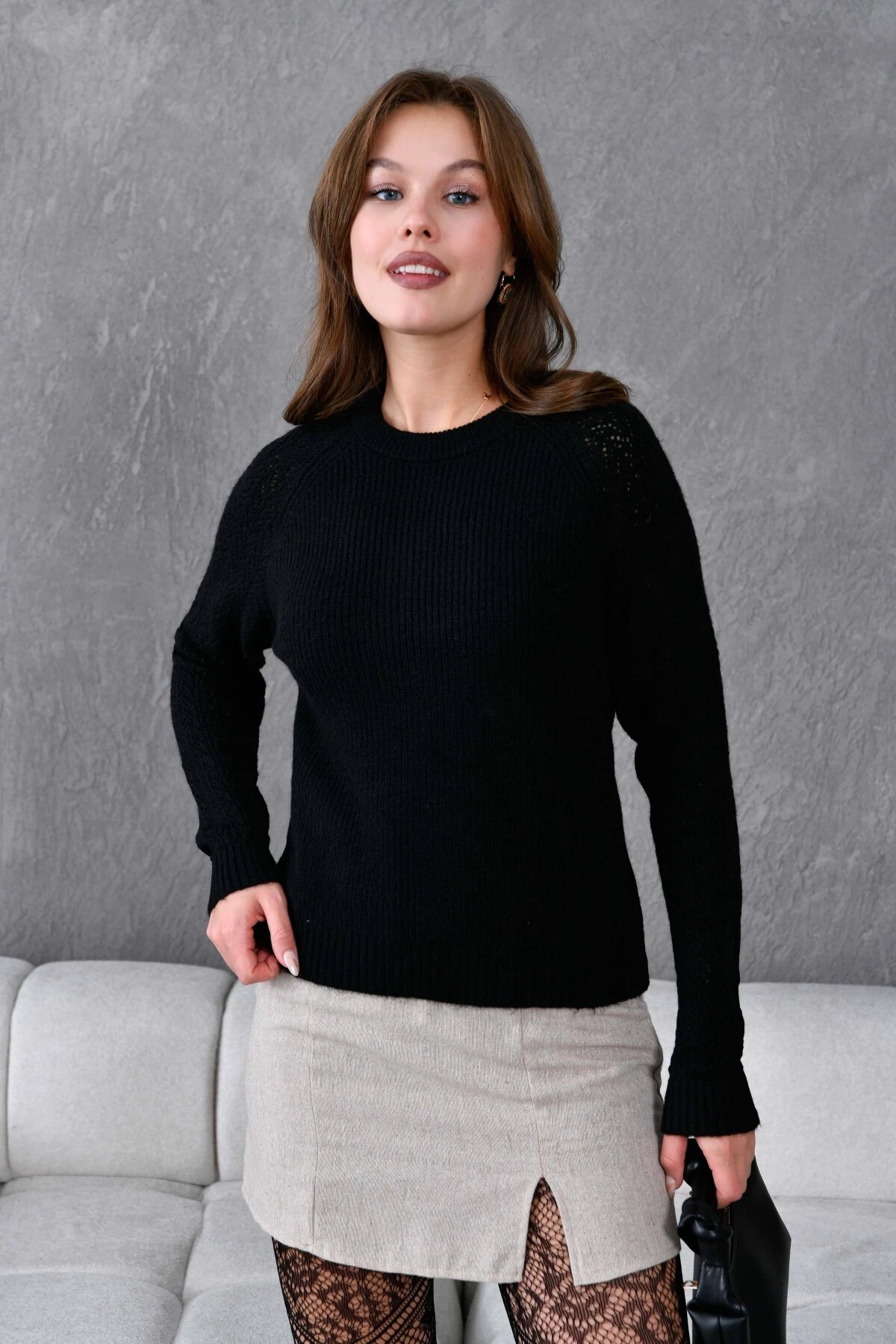 Kadın Fitilli Bisiklet Yaka Ajurlu Triko Kazak