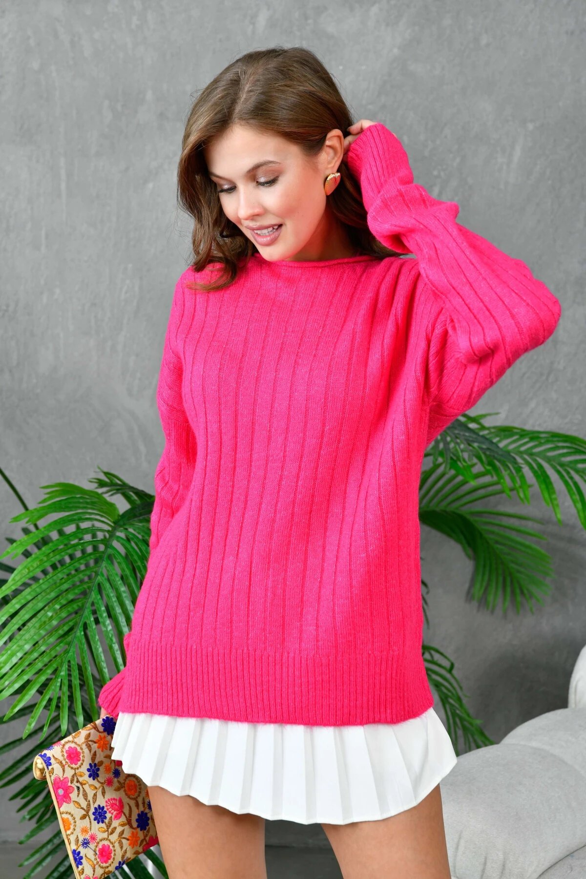 Kadın Geniş Yaka Fitilli Uzun Triko Kazak