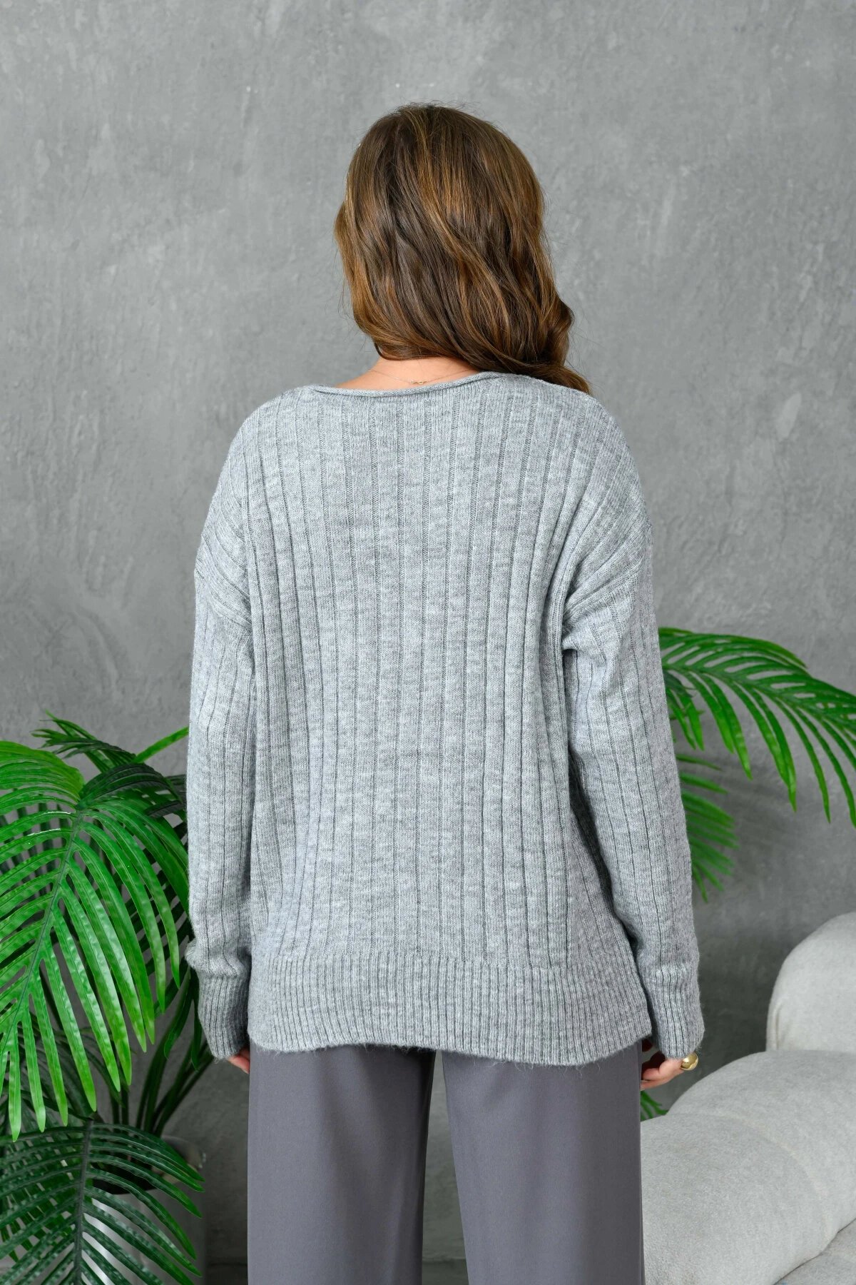 Kadın Geniş Yaka Fitilli Uzun Triko Kazak