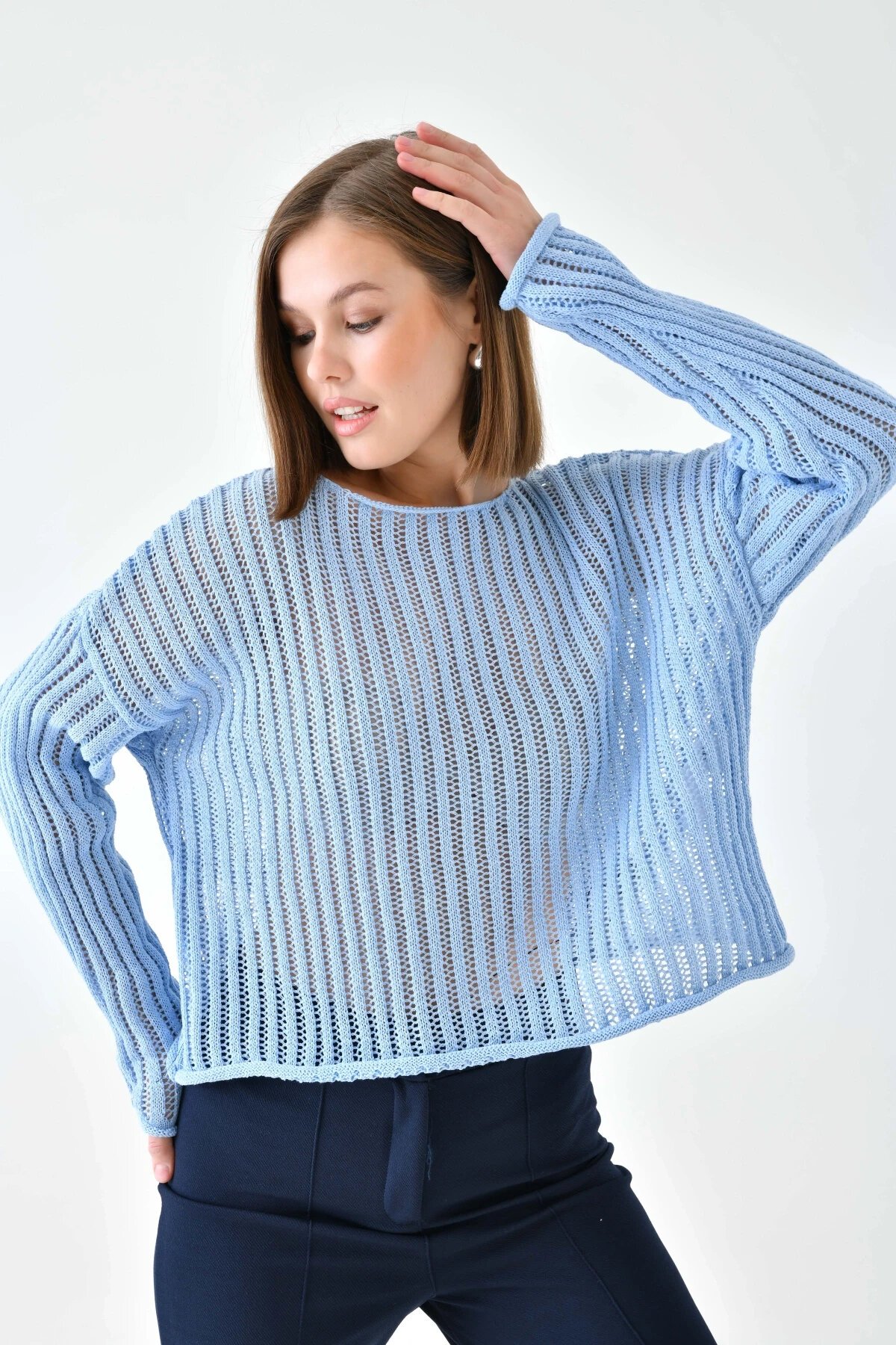 Kadın Geniş Yaka Örgü Detay Oversize Triko Kazak