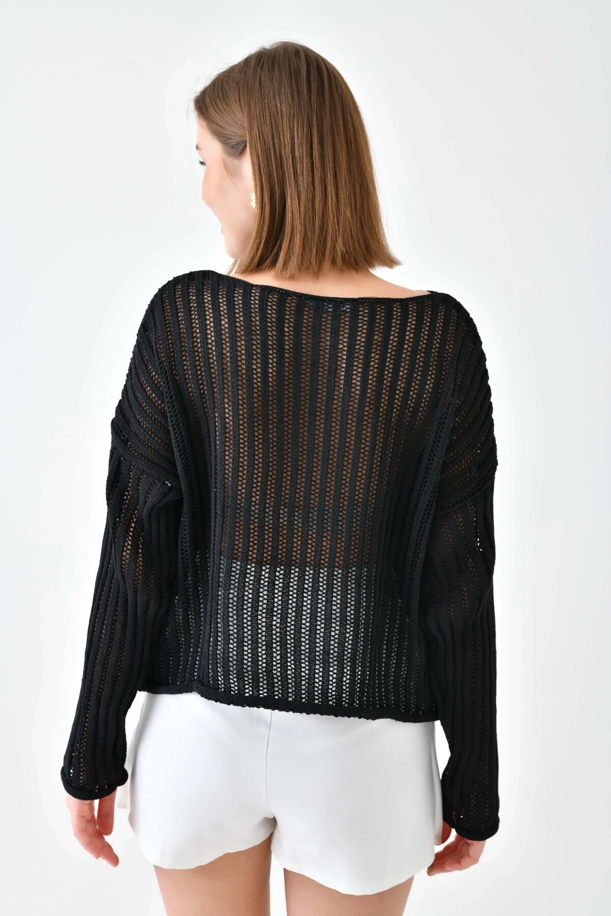 Kadın Geniş Yaka Örgü Detay Oversize Triko Kazak