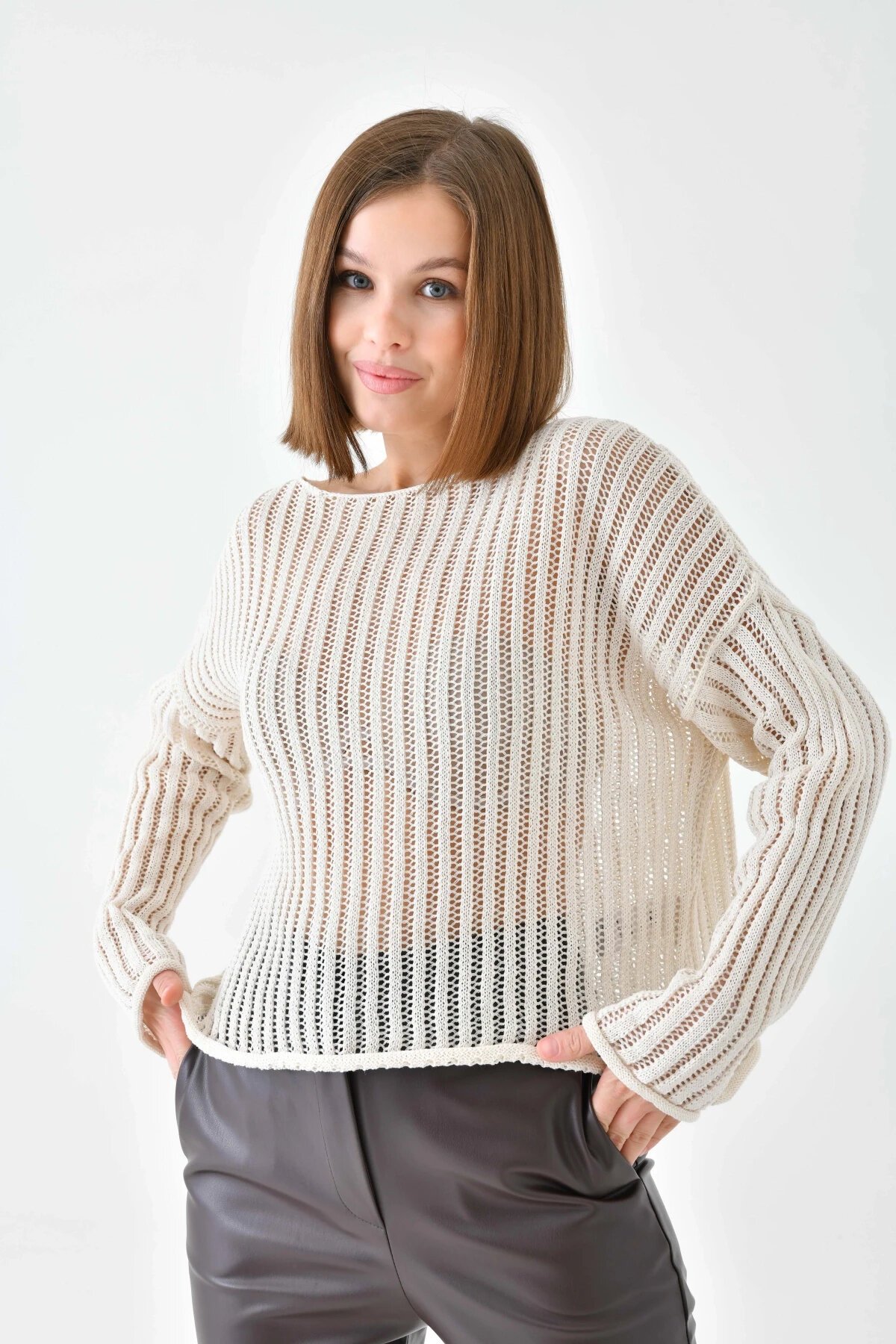 Kadın Geniş Yaka Örgü Detay Oversize Triko Kazak