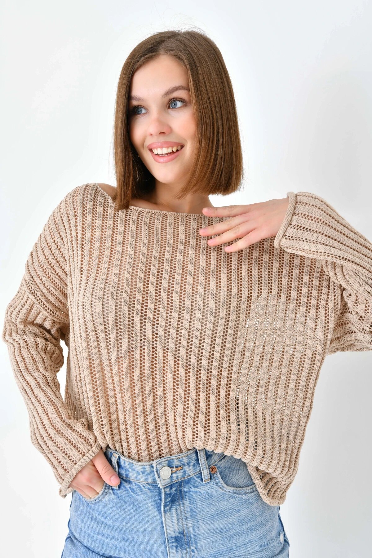 Kadın Geniş Yaka Örgü Detay Oversize Triko Kazak