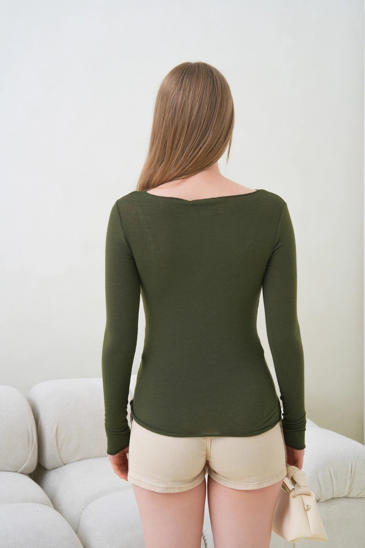 Kadın Geniş Yaka Uzun Kol Lycralı Penye Bluz