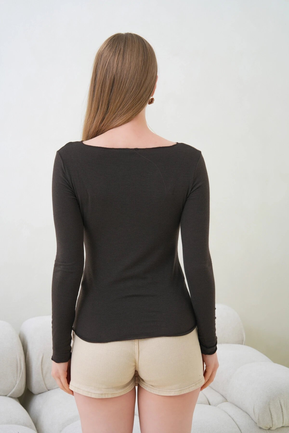 Kadın Geniş Yaka Uzun Kol Lycralı Penye Bluz