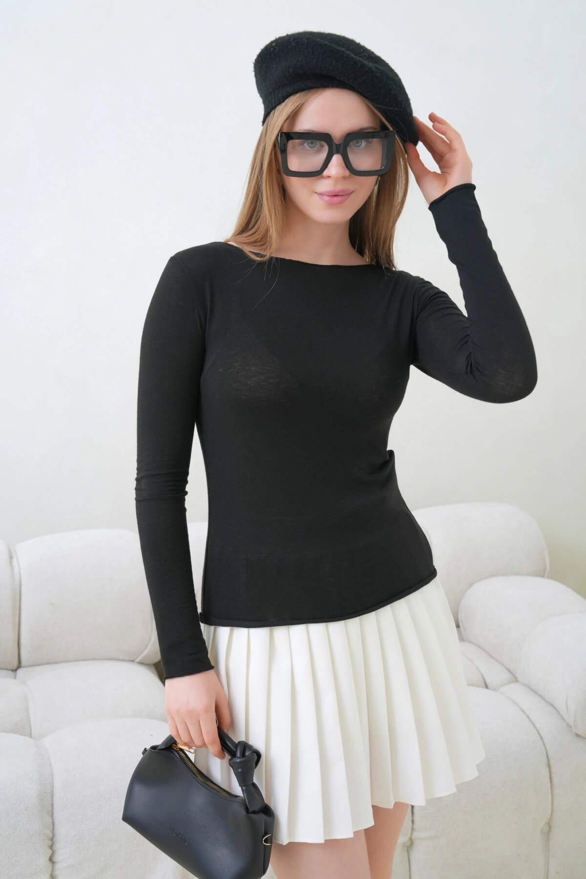 Kadın Geniş Yaka Uzun Kol Lycralı Penye Bluz