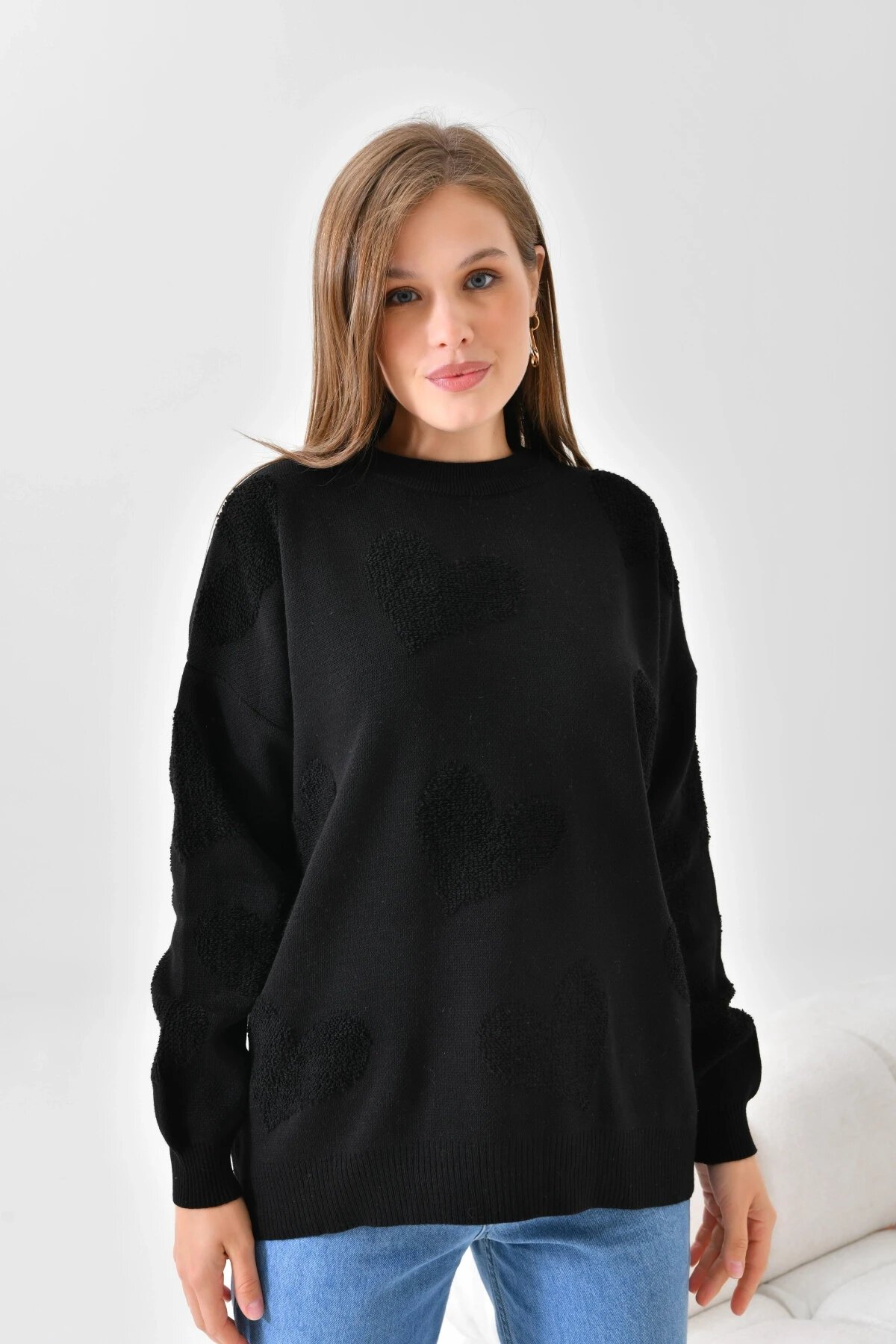 Kadın Kalp Desenli İnce Oversize Pembe Triko Kazak