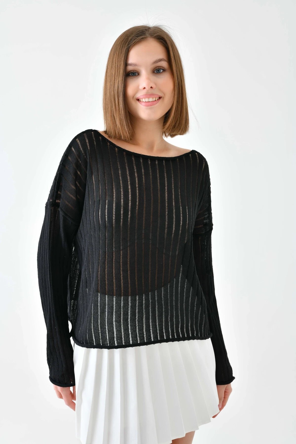 Kadın Kayık Yaka Örgü Detay Salaş Triko Kazak