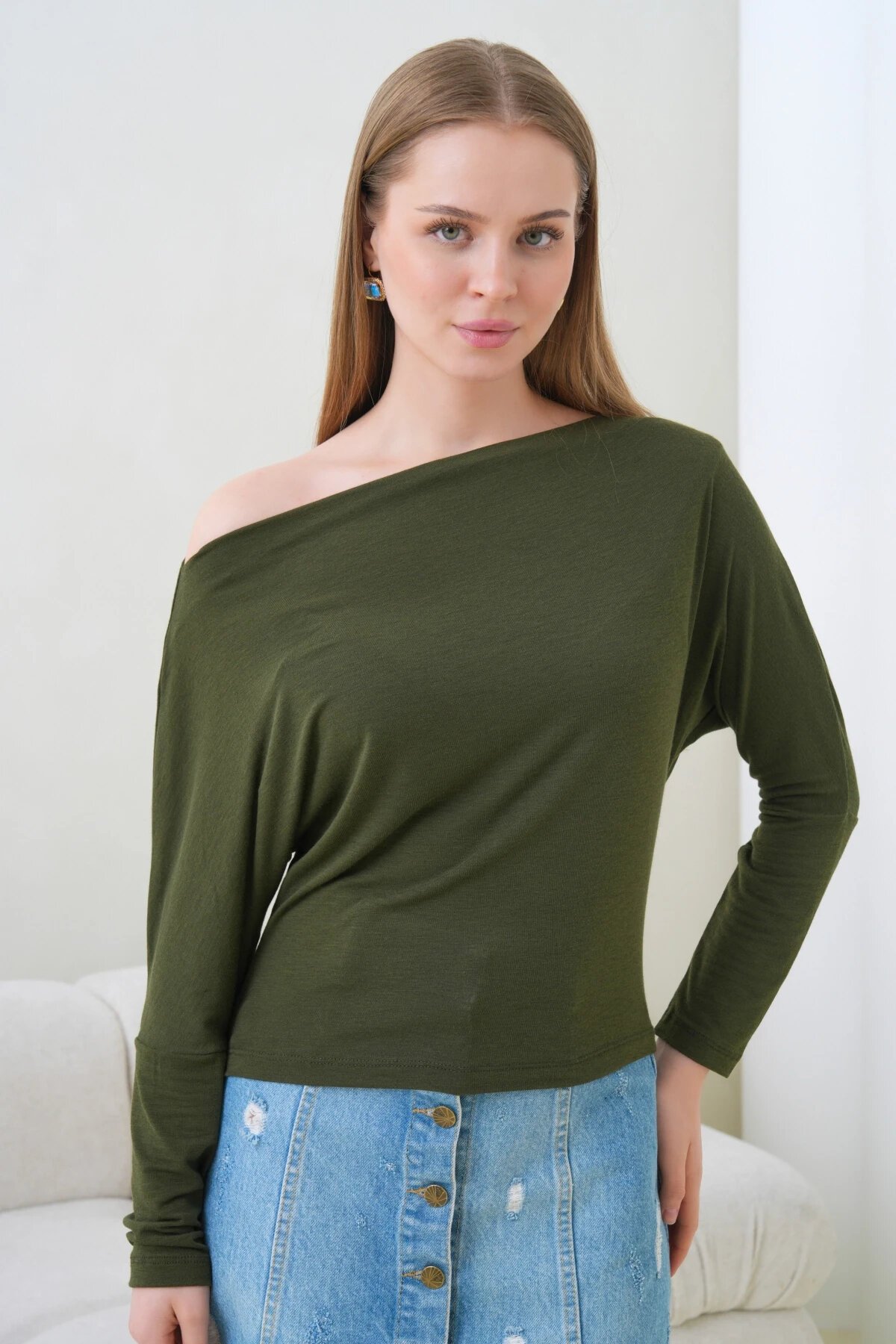 Kadın Kayık Yaka Yarasa Kol Lycralı Penye Bluz