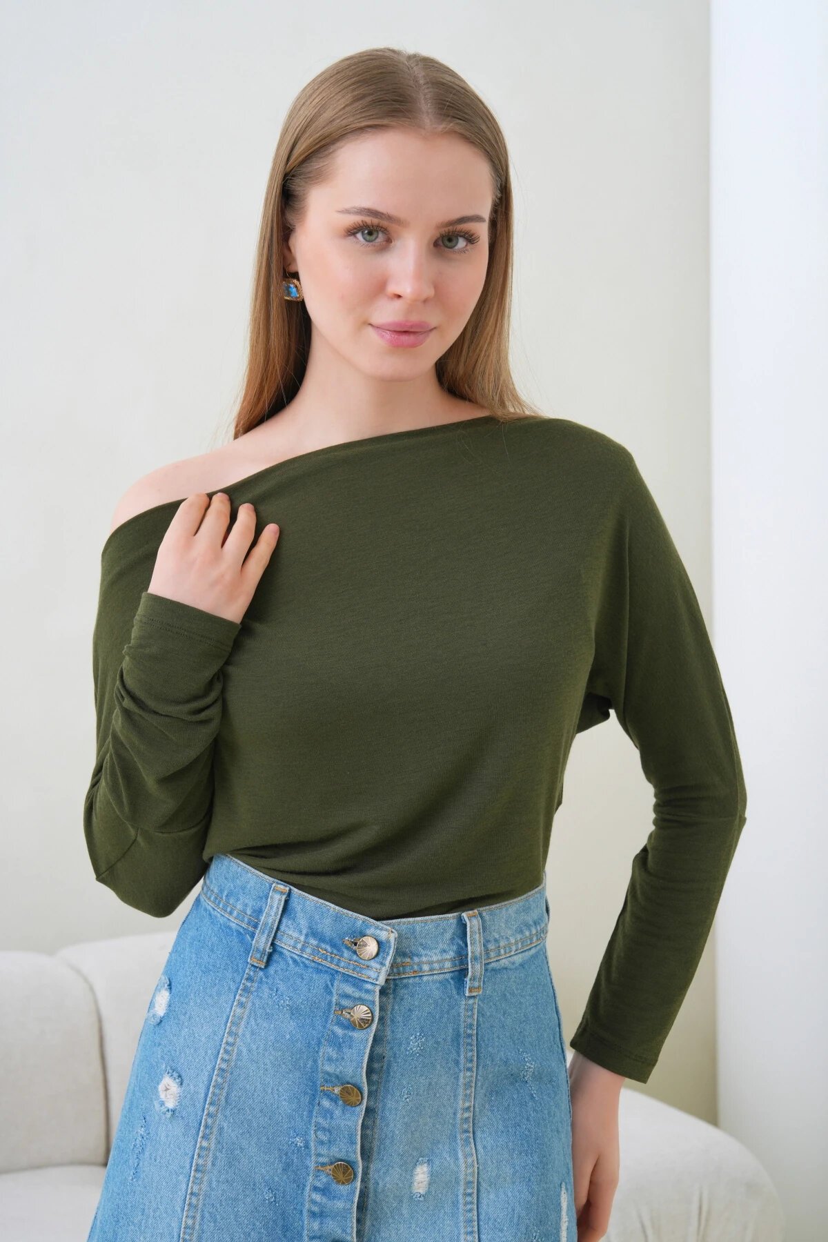 Kadın Kayık Yaka Yarasa Kol Lycralı Penye Bluz