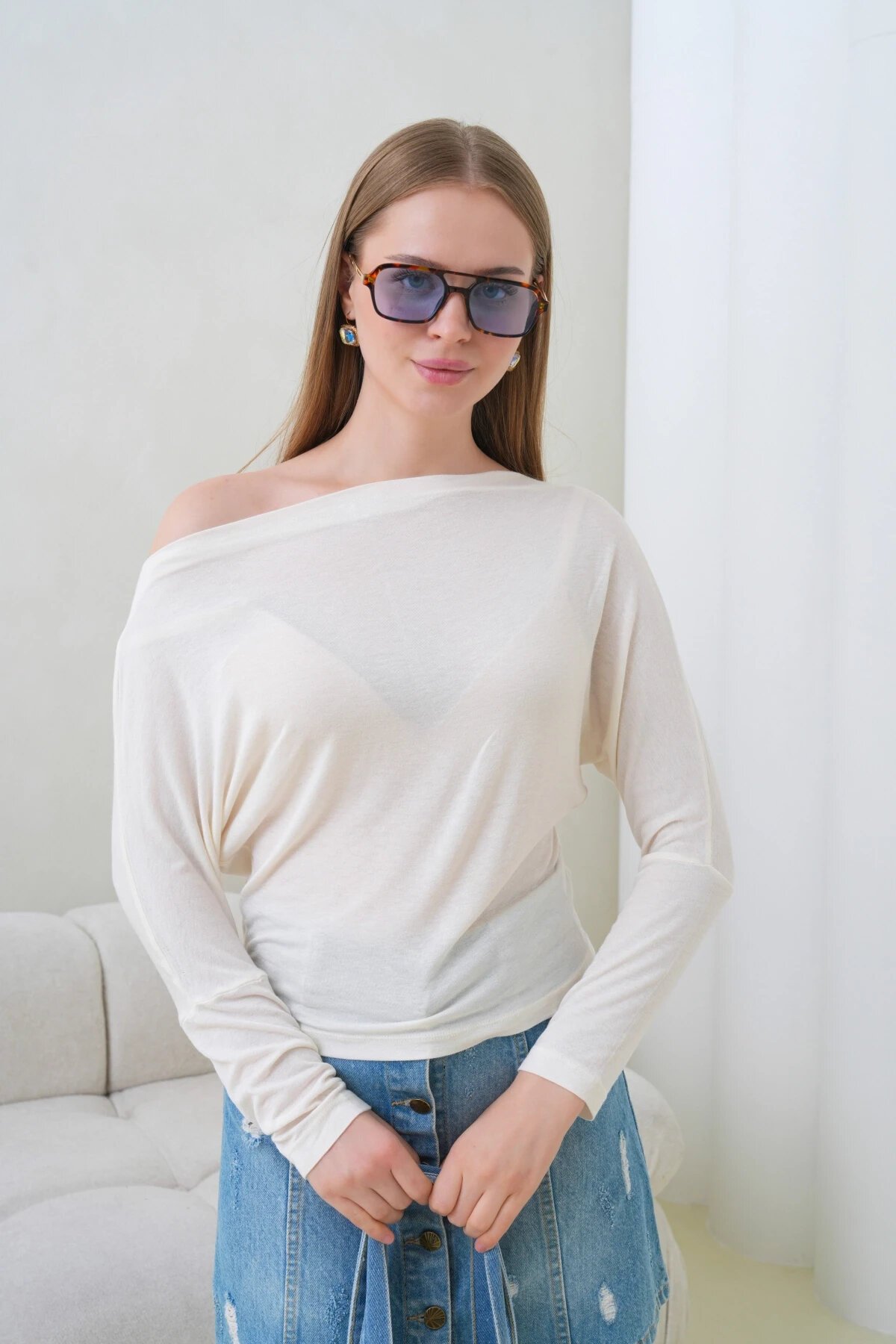 Kadın Kayık Yaka Yarasa Kol Lycralı Penye Bluz