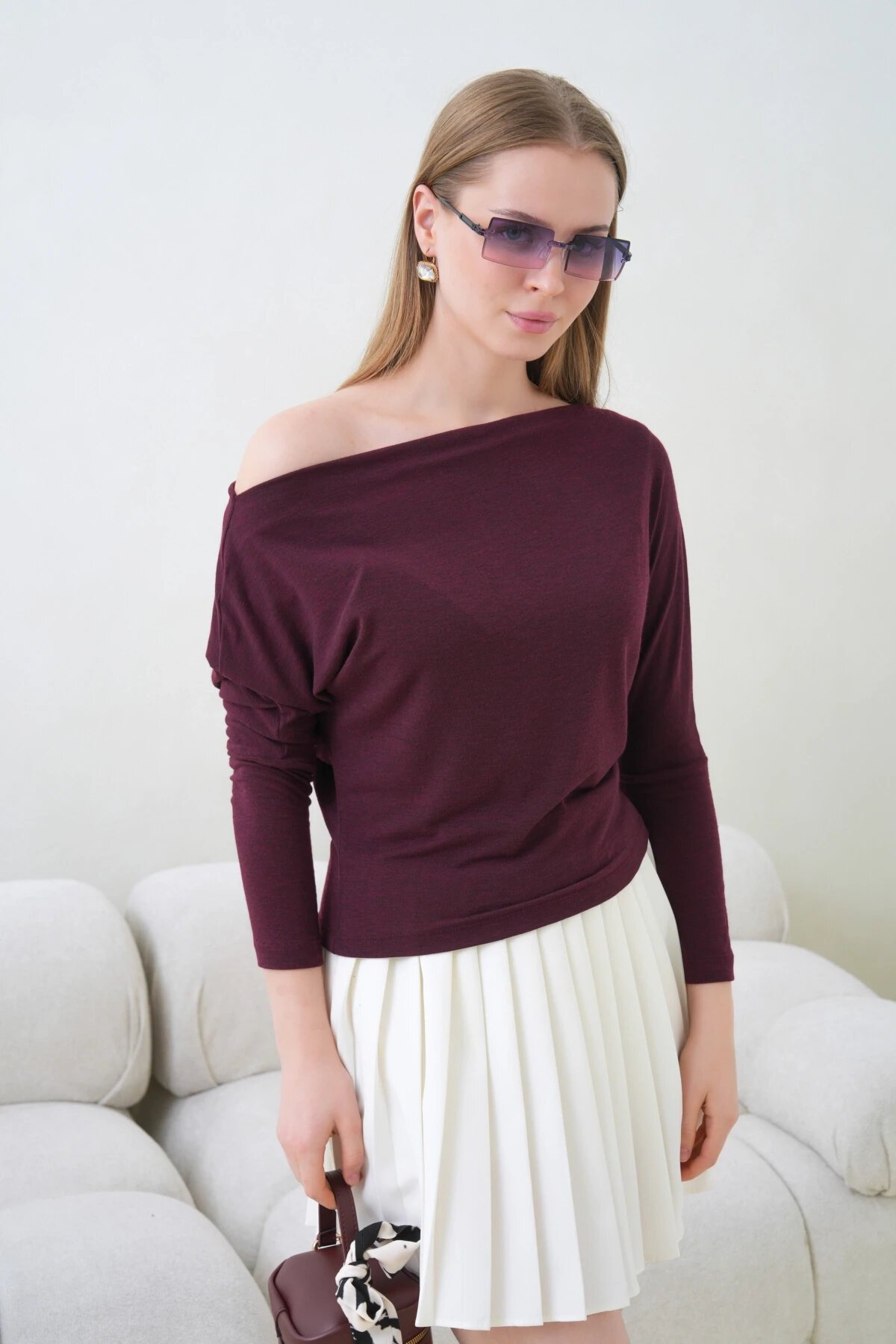 Kadın Kayık Yaka Yarasa Kol Lycralı Penye Bluz