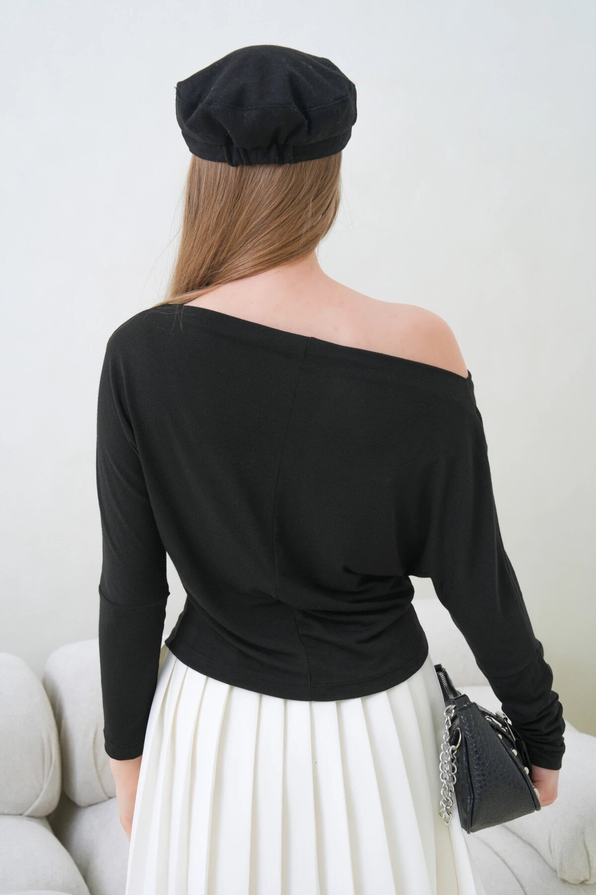 Kadın Kayık Yaka Yarasa Kol Lycralı Penye Bluz