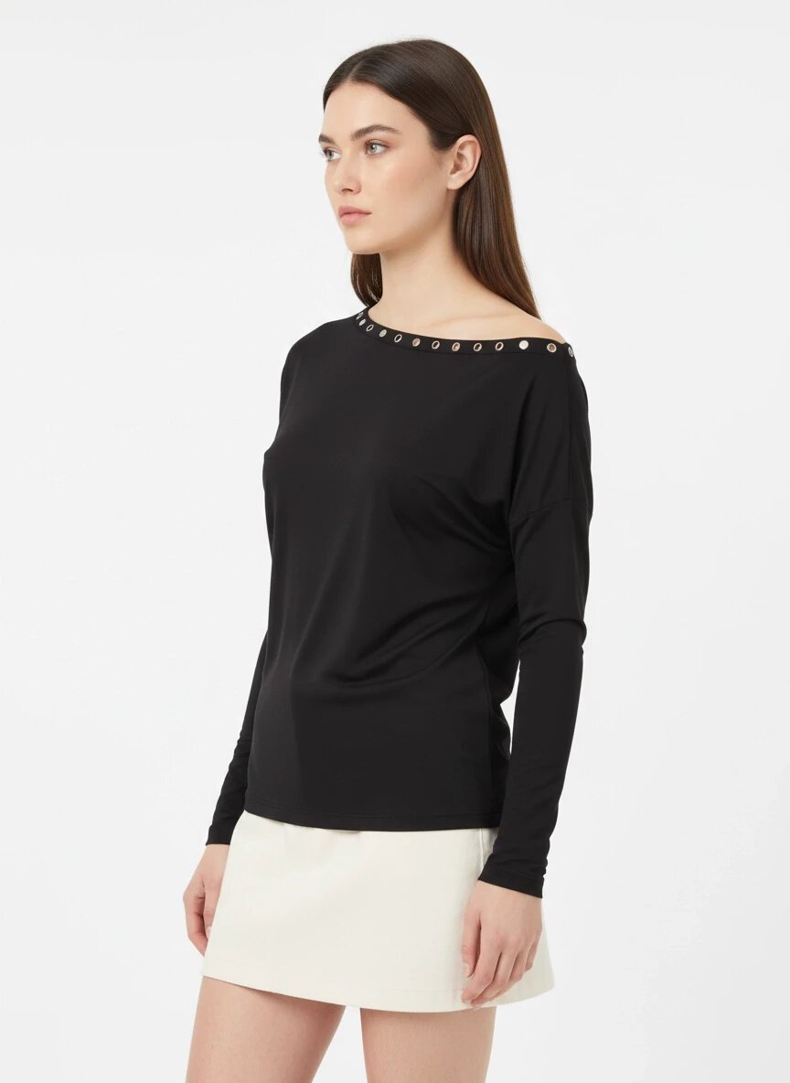 Kadın Kayık Yaka Yarasa Kol Yakası Troklu Lycralı Penye Bluz