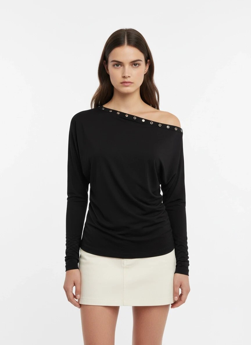 Kadın Kayık Yaka Yarasa Kol Yakası Troklu Lycralı Penye Bluz