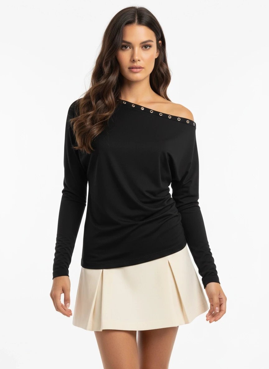Kadın Kayık Yaka Yarasa Kol Yakası Troklu Lycralı Penye Bluz
