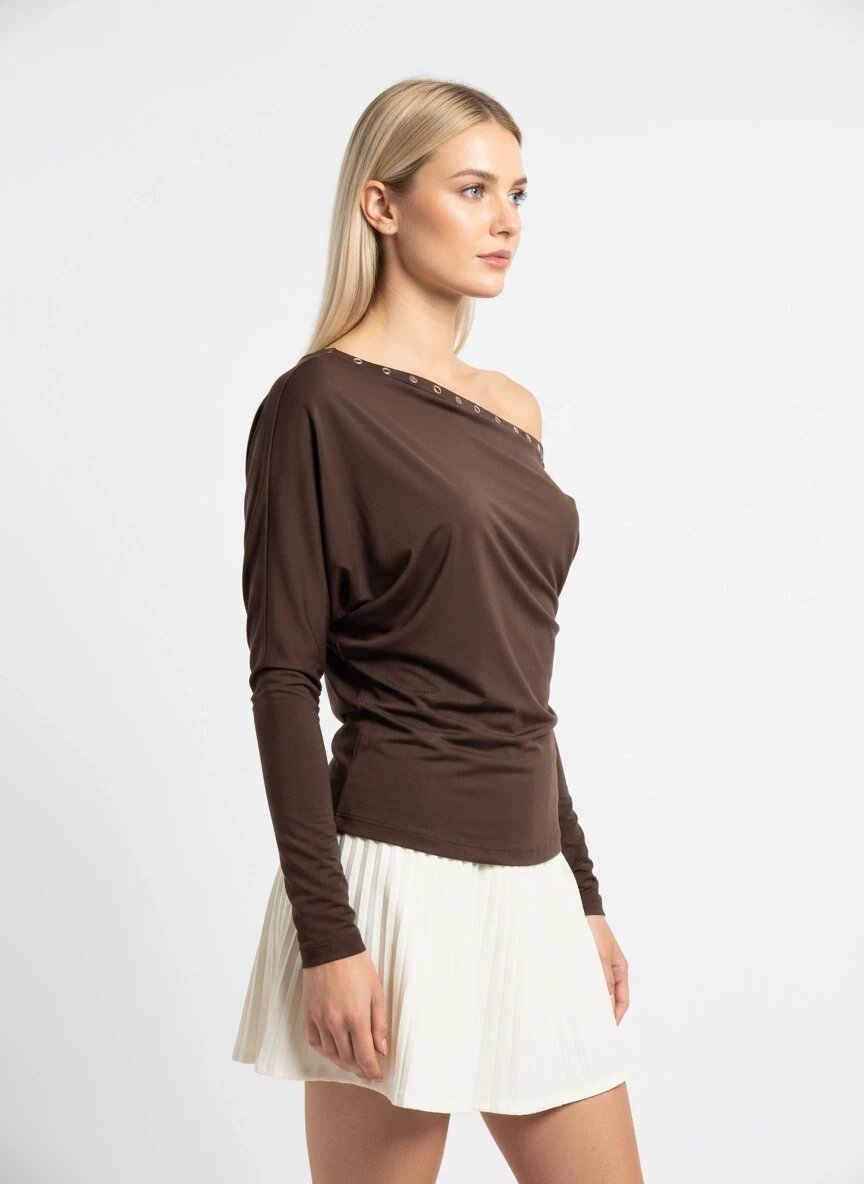 Kadın Kayık Yaka Yarasa Kol Yakası Troklu Lycralı Penye Bluz