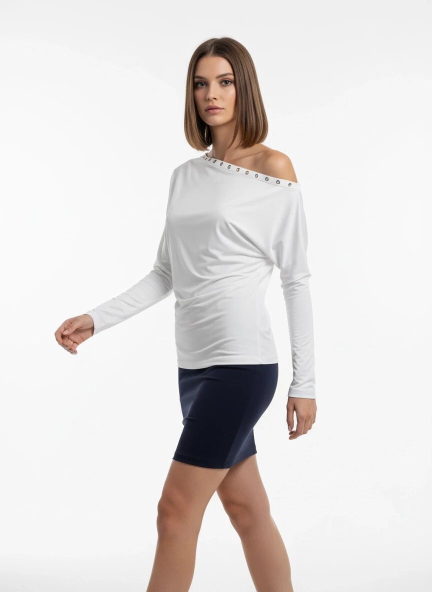 Kadın Kayık Yaka Yarasa Kol Yakası Troklu Lycralı Penye Bluz