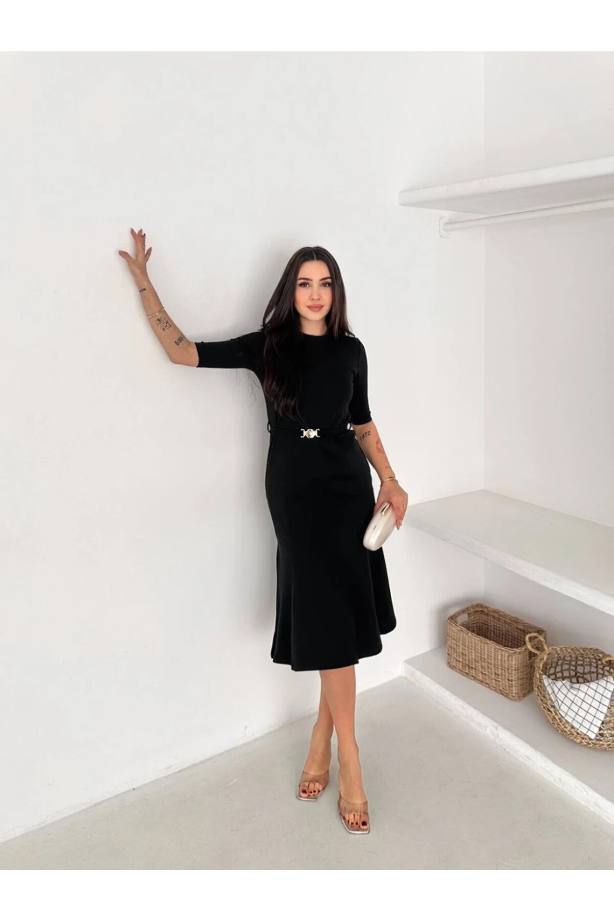 Kadın Kemerli Kalem Elbise