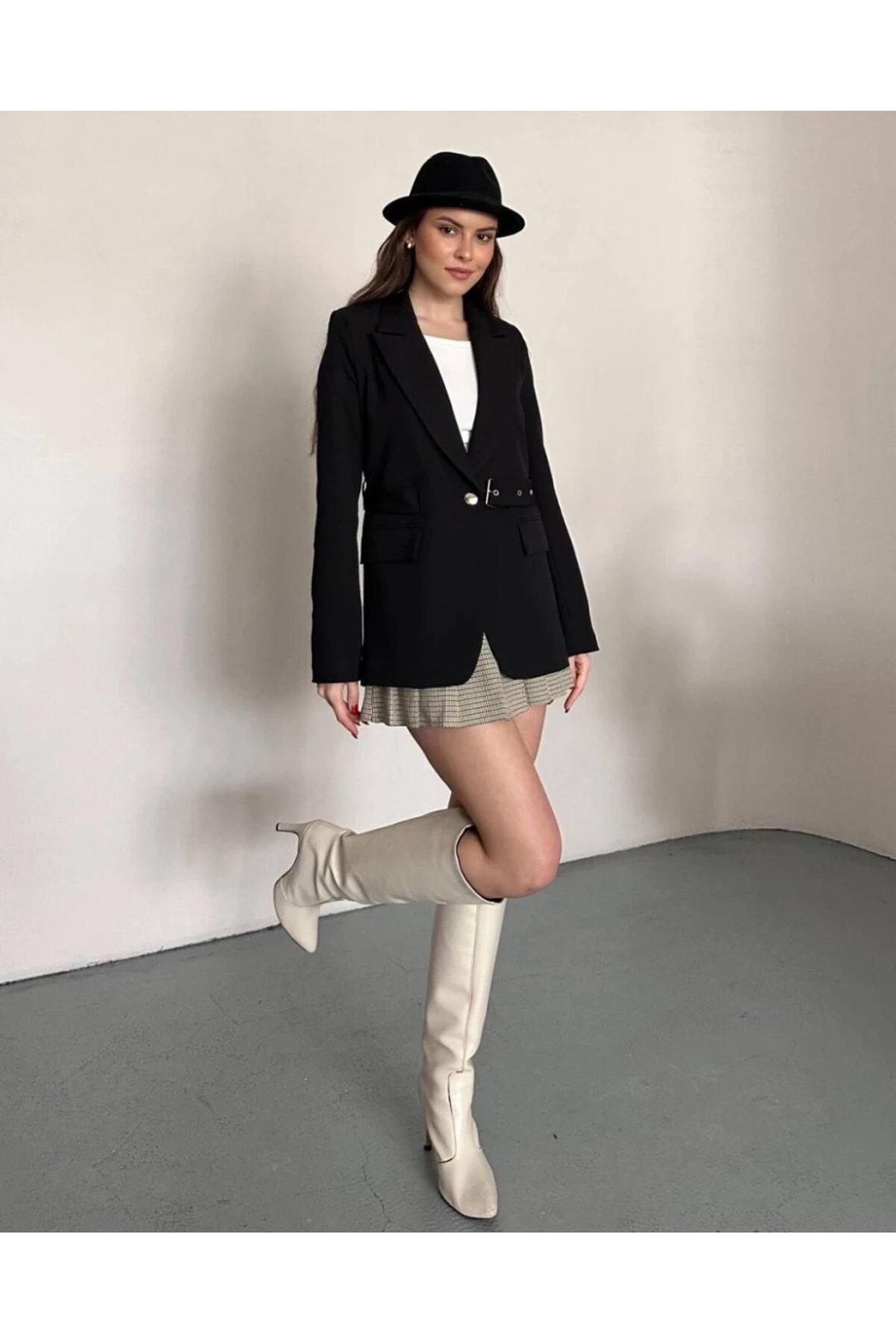 Kadın Kemerli Toka Detay Premium Blazer Ceket Siyah