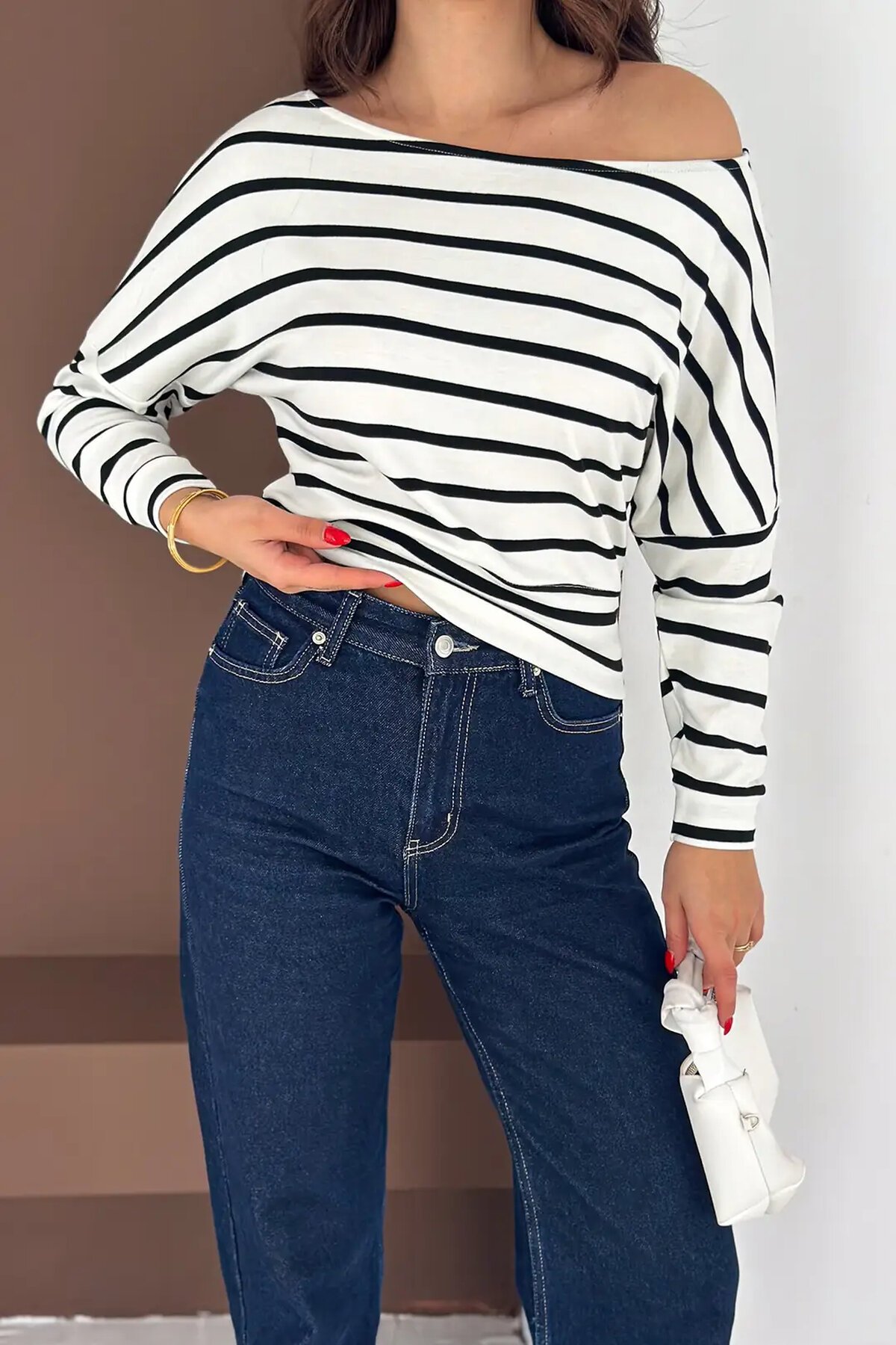Kadın Omuz Açık Çizgili Bluz