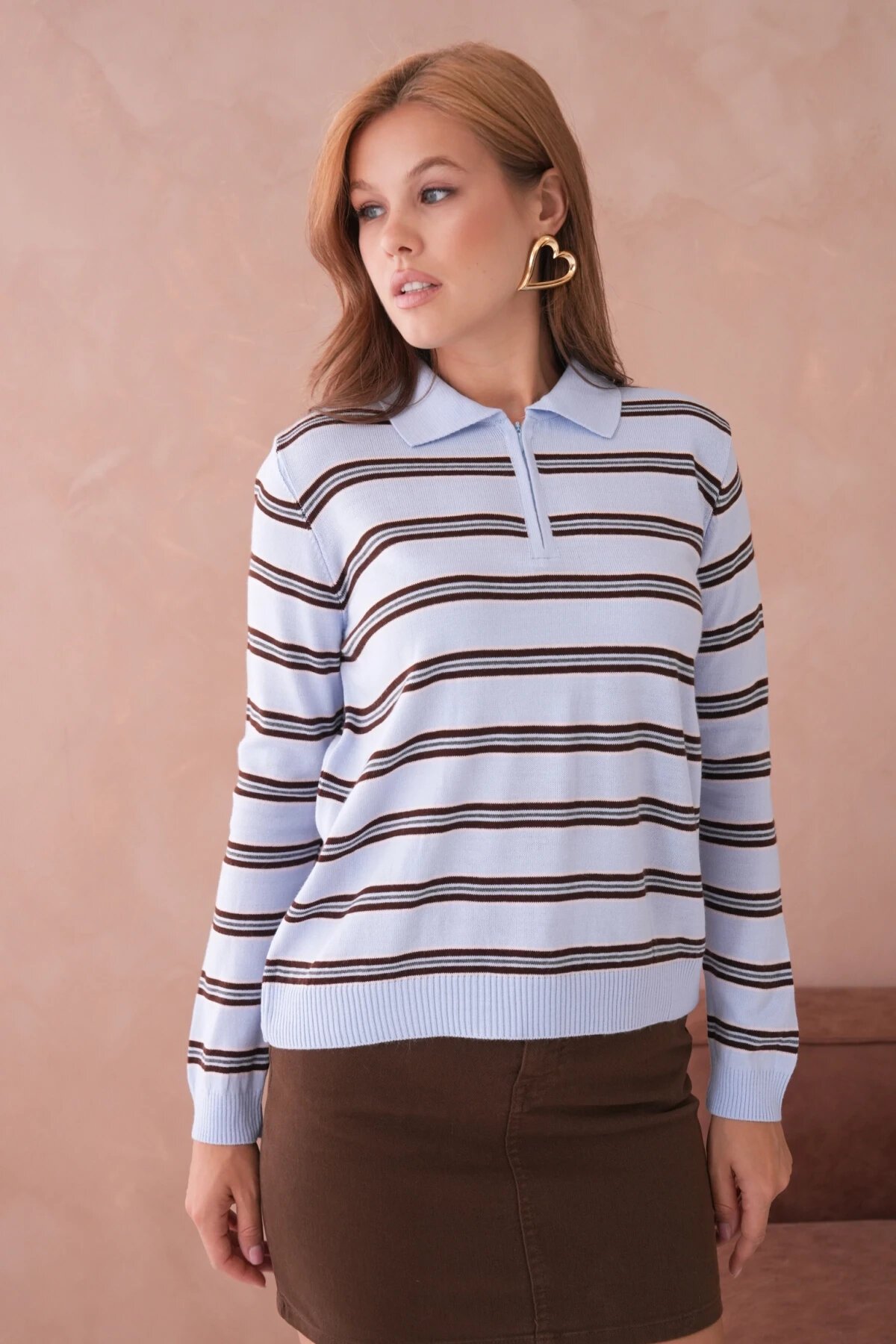 Kadın Polo Yaka Çizgi Detay Oversize Triko Kazak