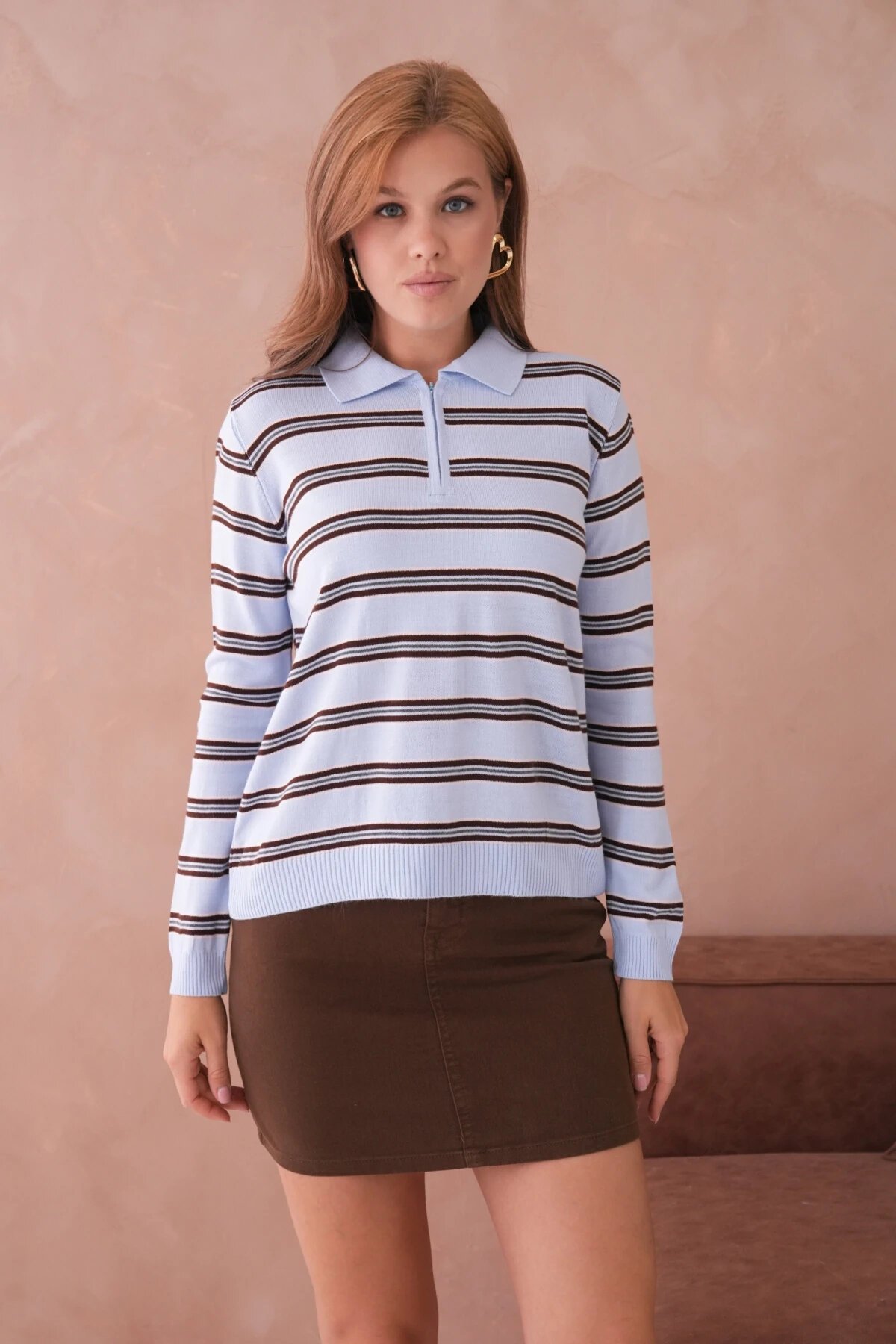 Kadın Polo Yaka Çizgi Detay Oversize Triko Kazak