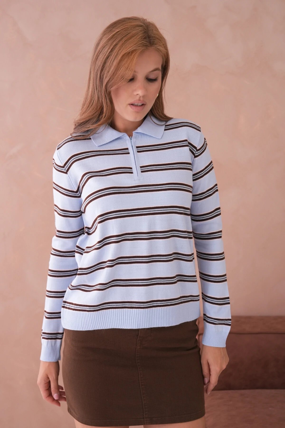 Kadın Polo Yaka Çizgi Detay Oversize Triko Kazak