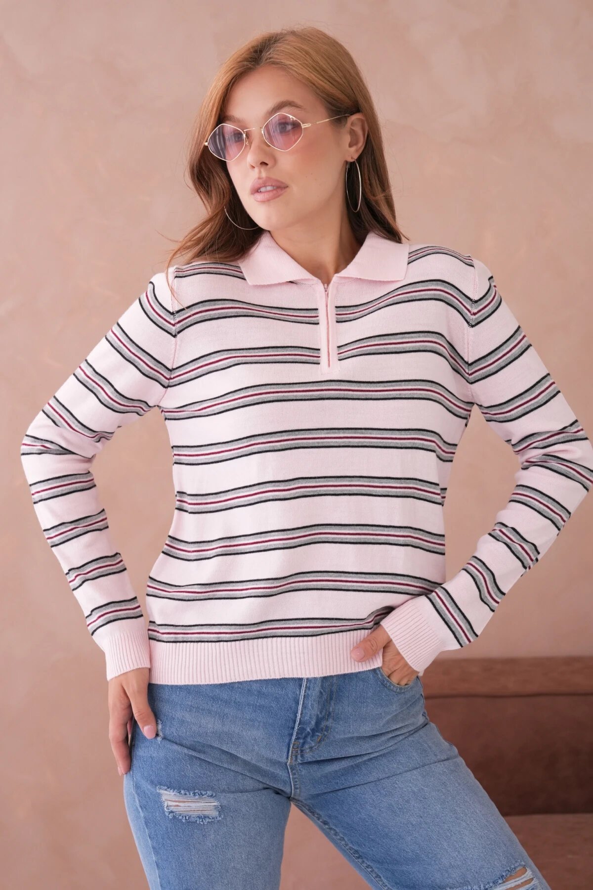 Kadın Polo Yaka Çizgi Detay Oversize Triko Kazak