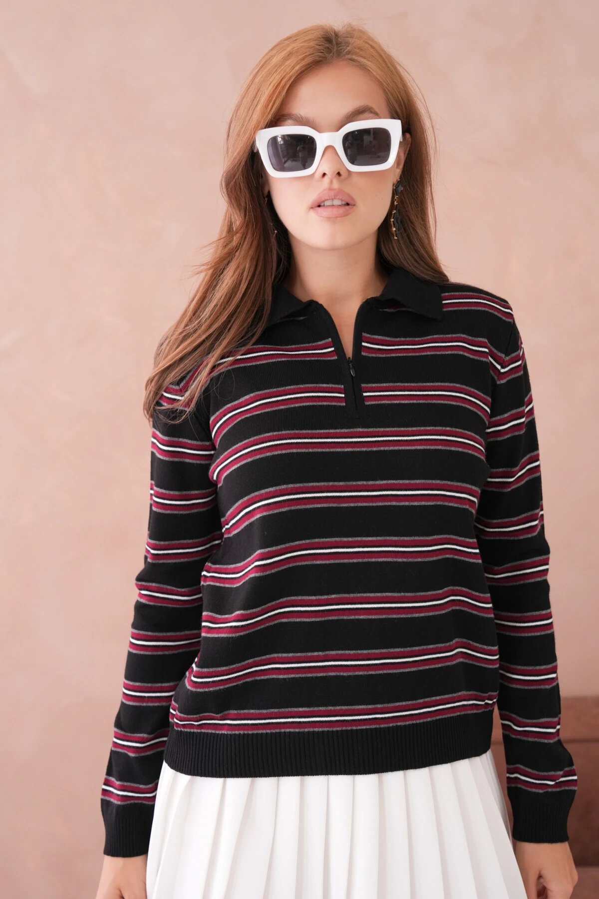 Kadın Polo Yaka Çizgi Detay Oversize Triko Kazak