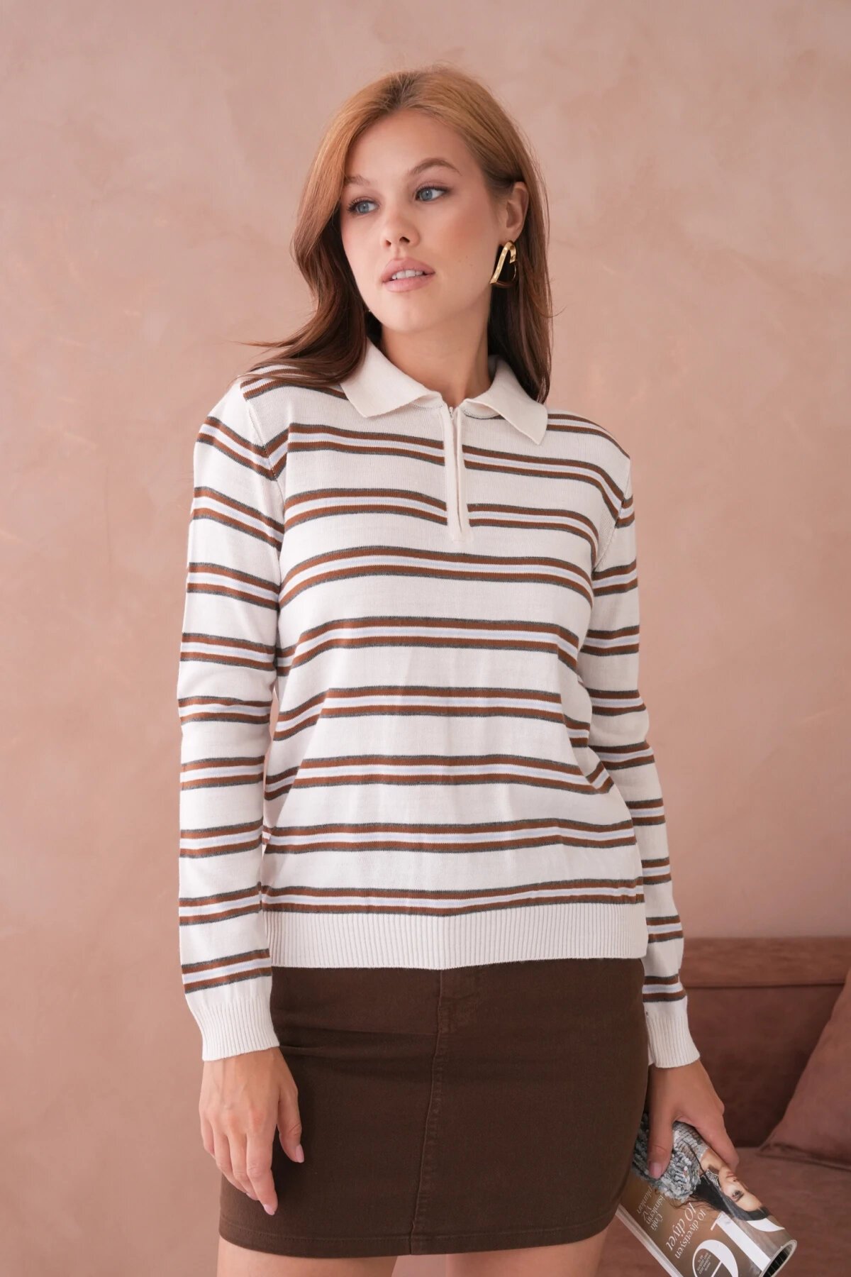 Kadın Polo Yaka Çizgi Detay Oversize Triko Kazak