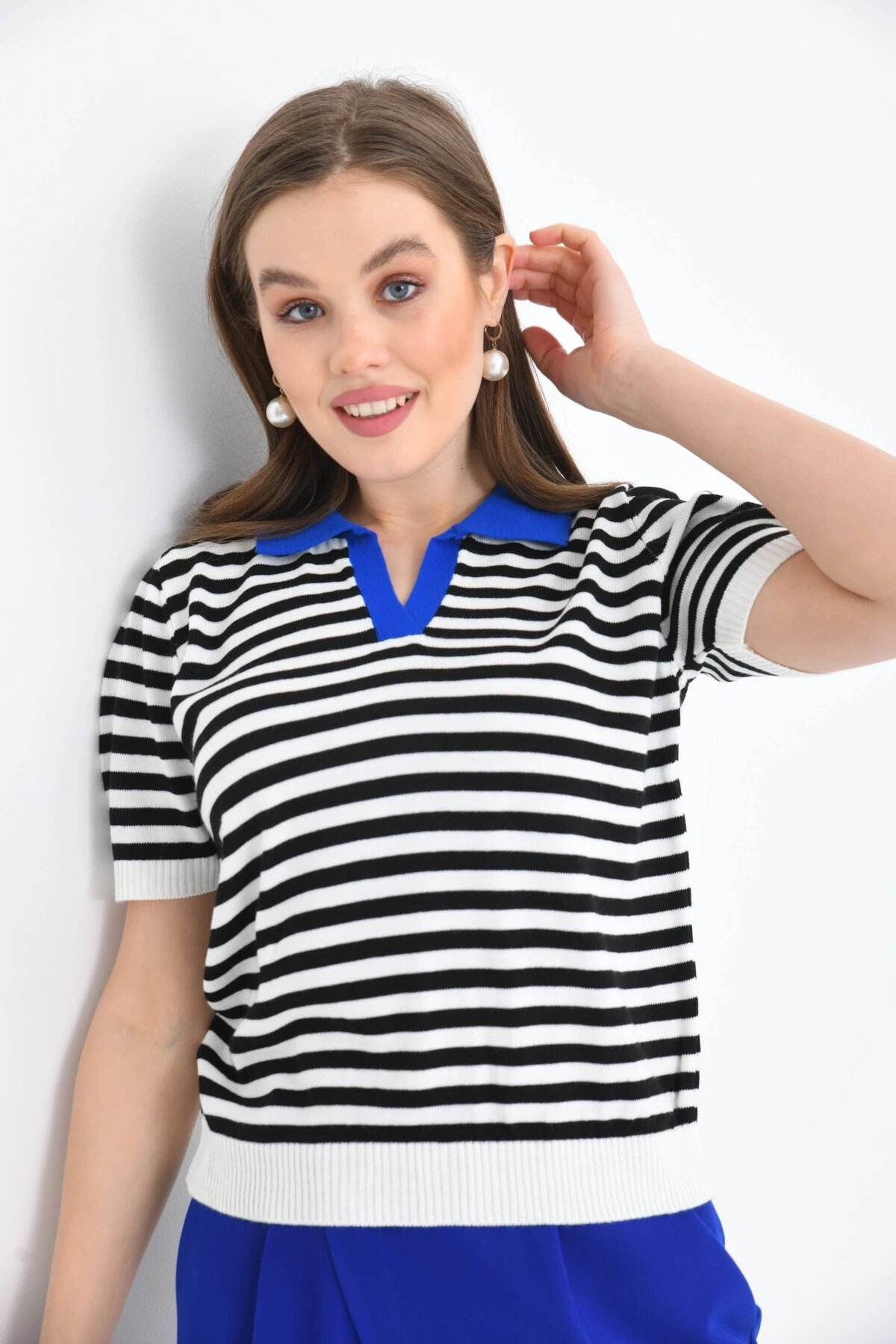 Kadın Polo Yaka Çizgili Triko Kazak