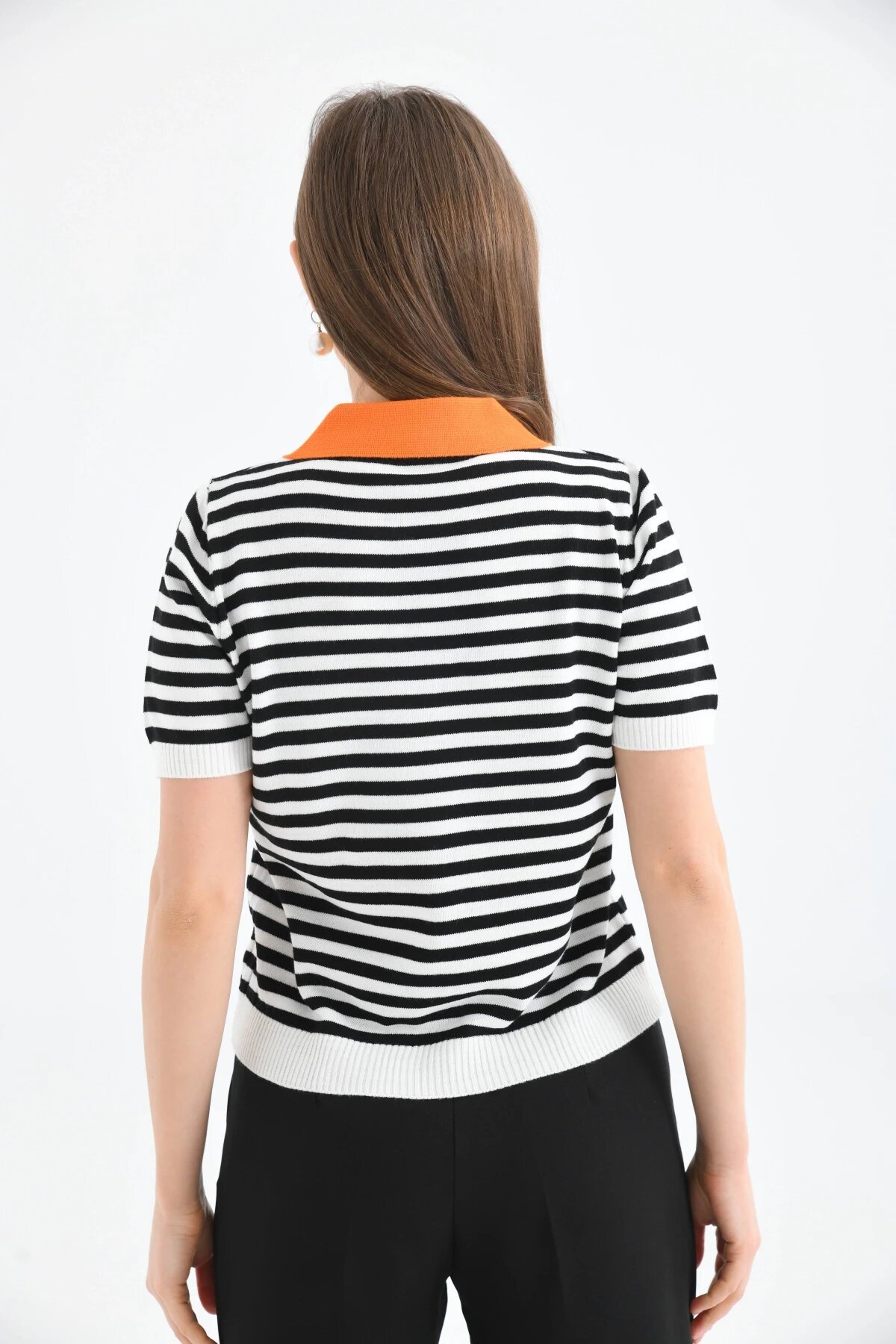 Kadın Polo Yaka Çizgili Triko Kazak