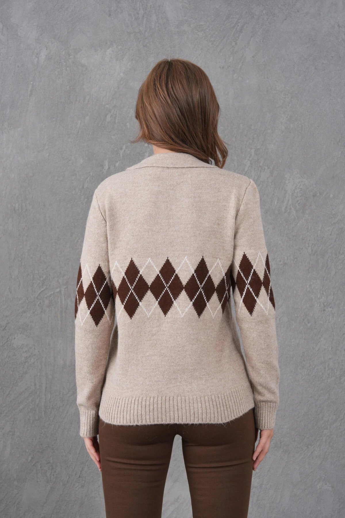 Kadın Polo Yaka Desenli Yarım Pat Triko Kazak