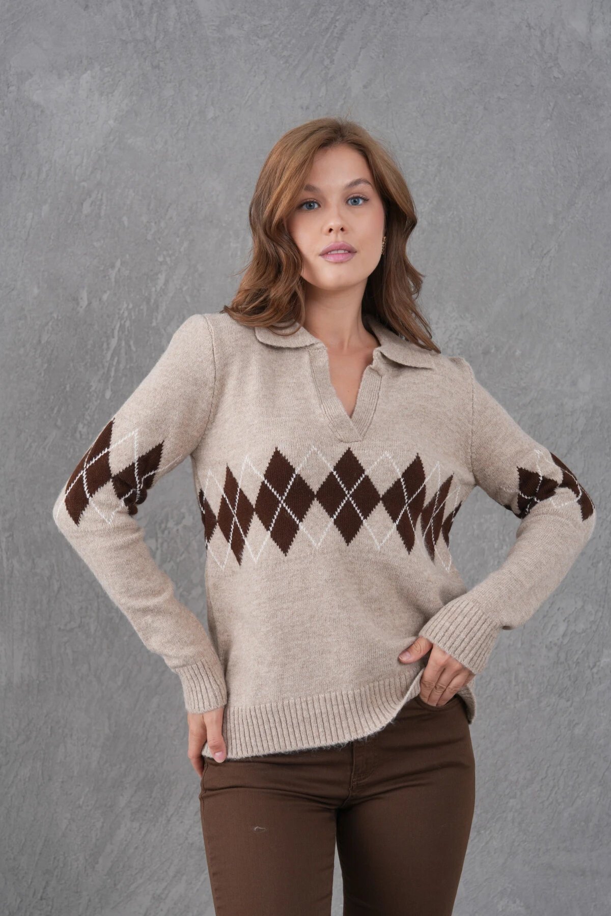 Kadın Polo Yaka Desenli Yarım Pat Triko Kazak