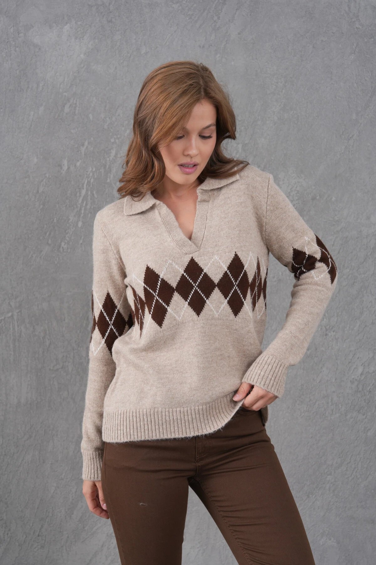 Kadın Polo Yaka Desenli Yarım Pat Triko Kazak