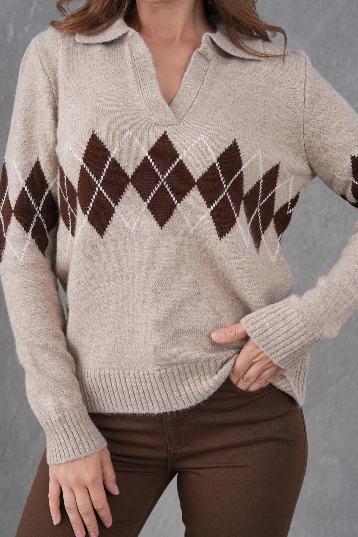 Kadın Polo Yaka Desenli Yarım Pat Triko Kazak